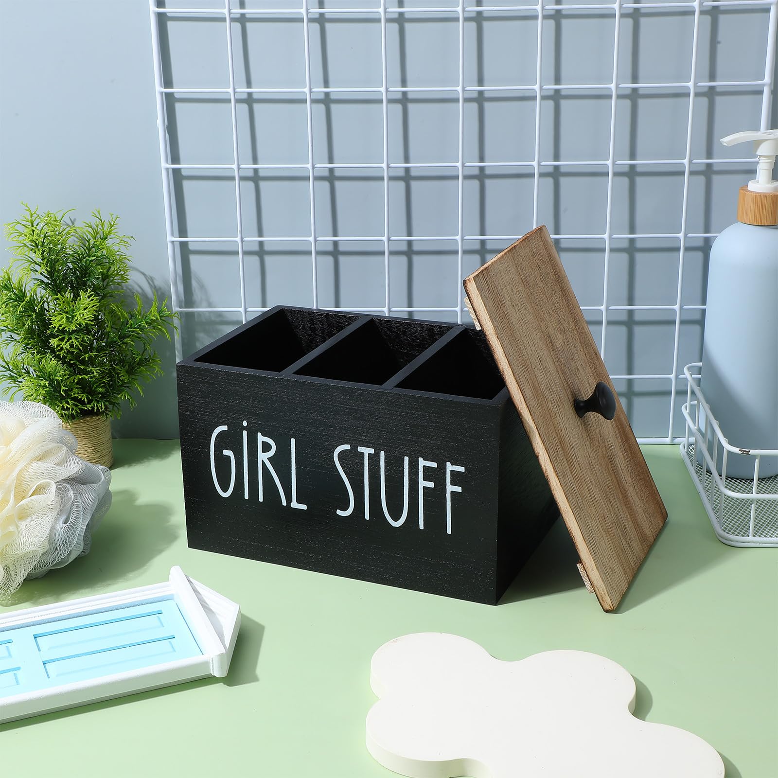 Artibetter Contenitore Assorbenti in Legno Coperchio Pratico e Divisori Rimovibili, Organizer Bagno Elegante per Prodotti Femminili e Salviette