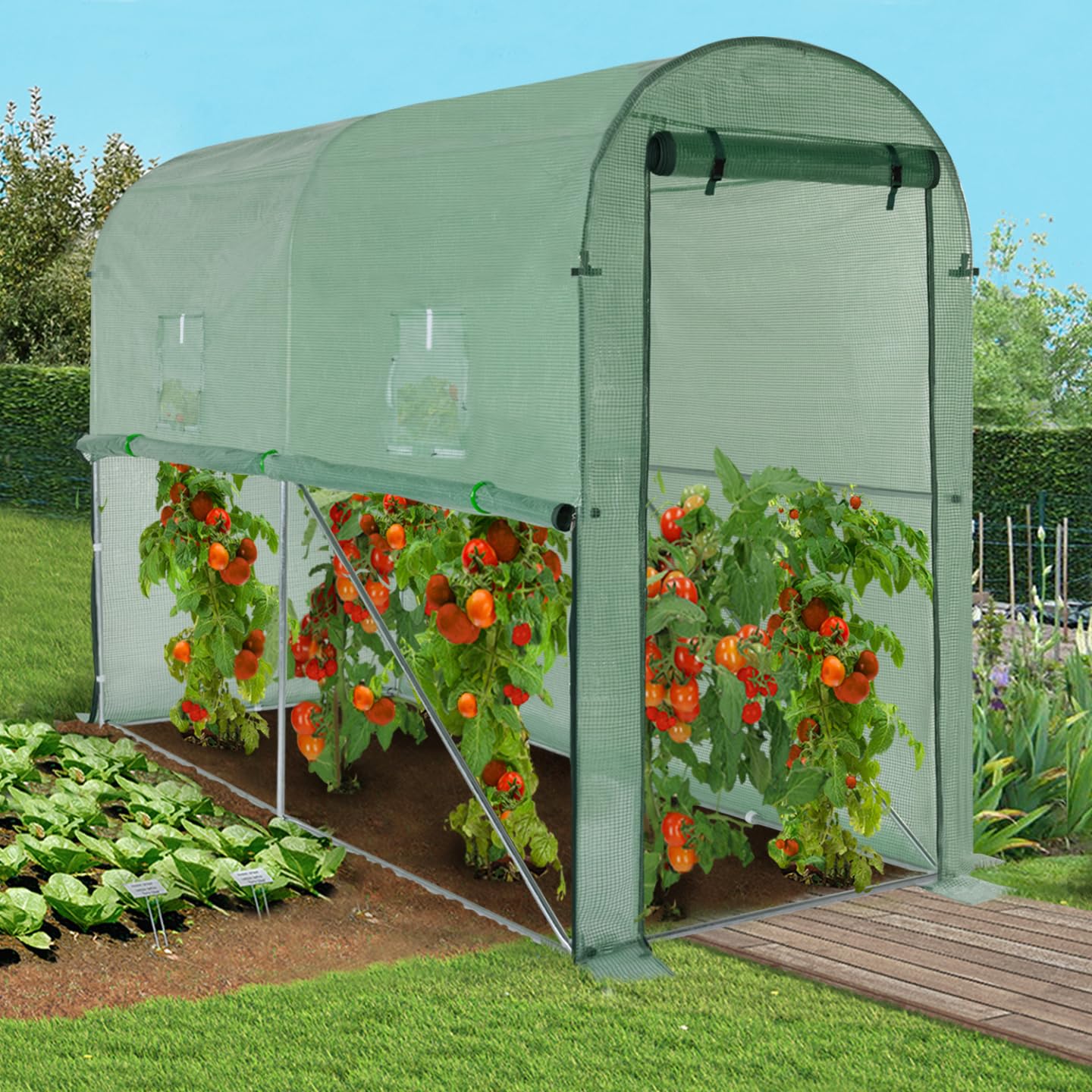 IDMarket - Serre à tomates relevable 3m² Verte 2 fenêtres avec moustiquaire et Porte zippée