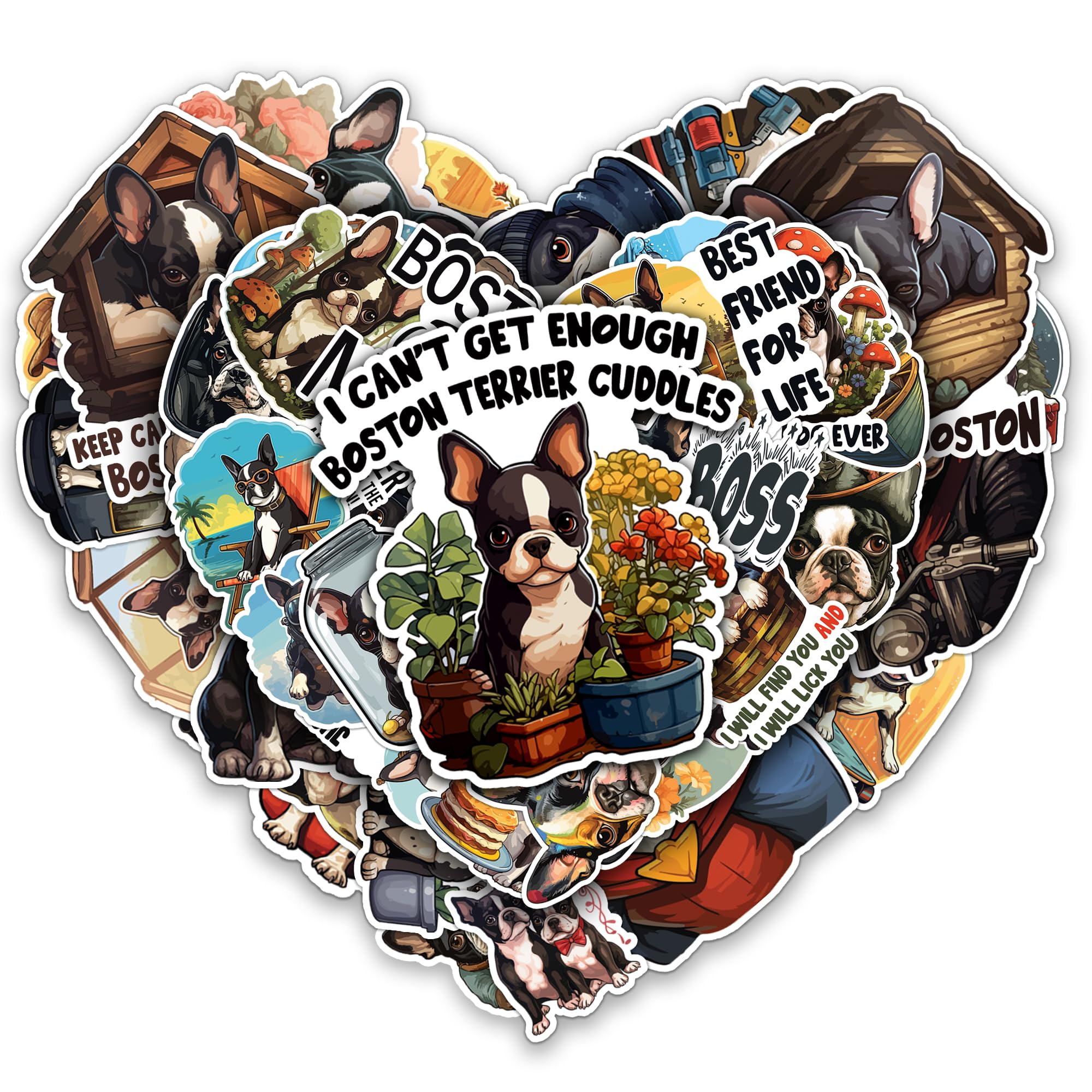 MONIZY Boston Terrier Stickers 50 Pieces Vinyl Waterproof Decal for Laptop Water Bottle Phone Car Window Bike Motorcycle Stakeboard Scrapbook Terriers