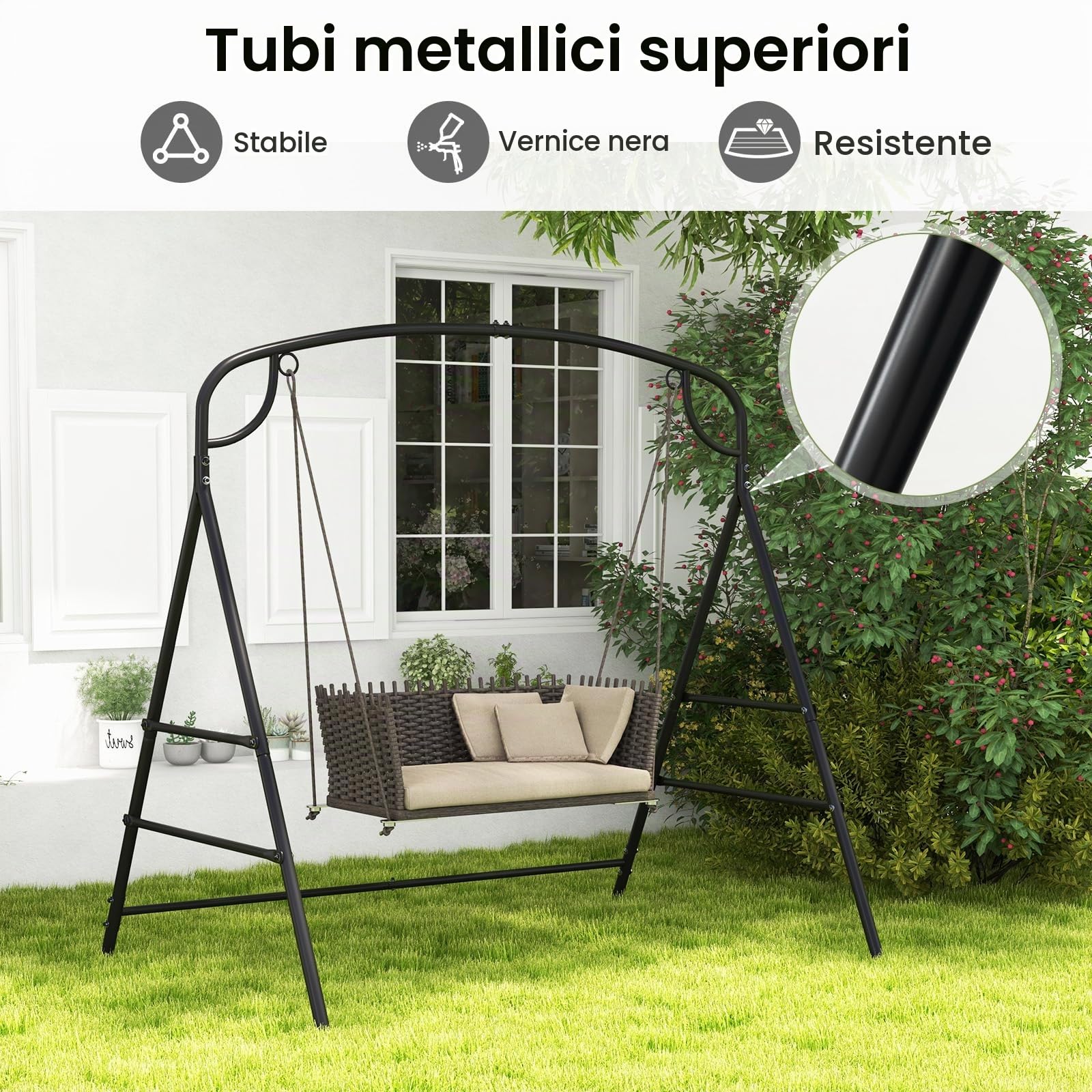 KOMFOTTEU Supporto per altalena in metallo, telaio per dondolo da giardino a forma di A, telaio per panca sospesa con carico di 300 kg, telaio con 2 anelli per balcone, veranda, 180 x 133 x 182 cm