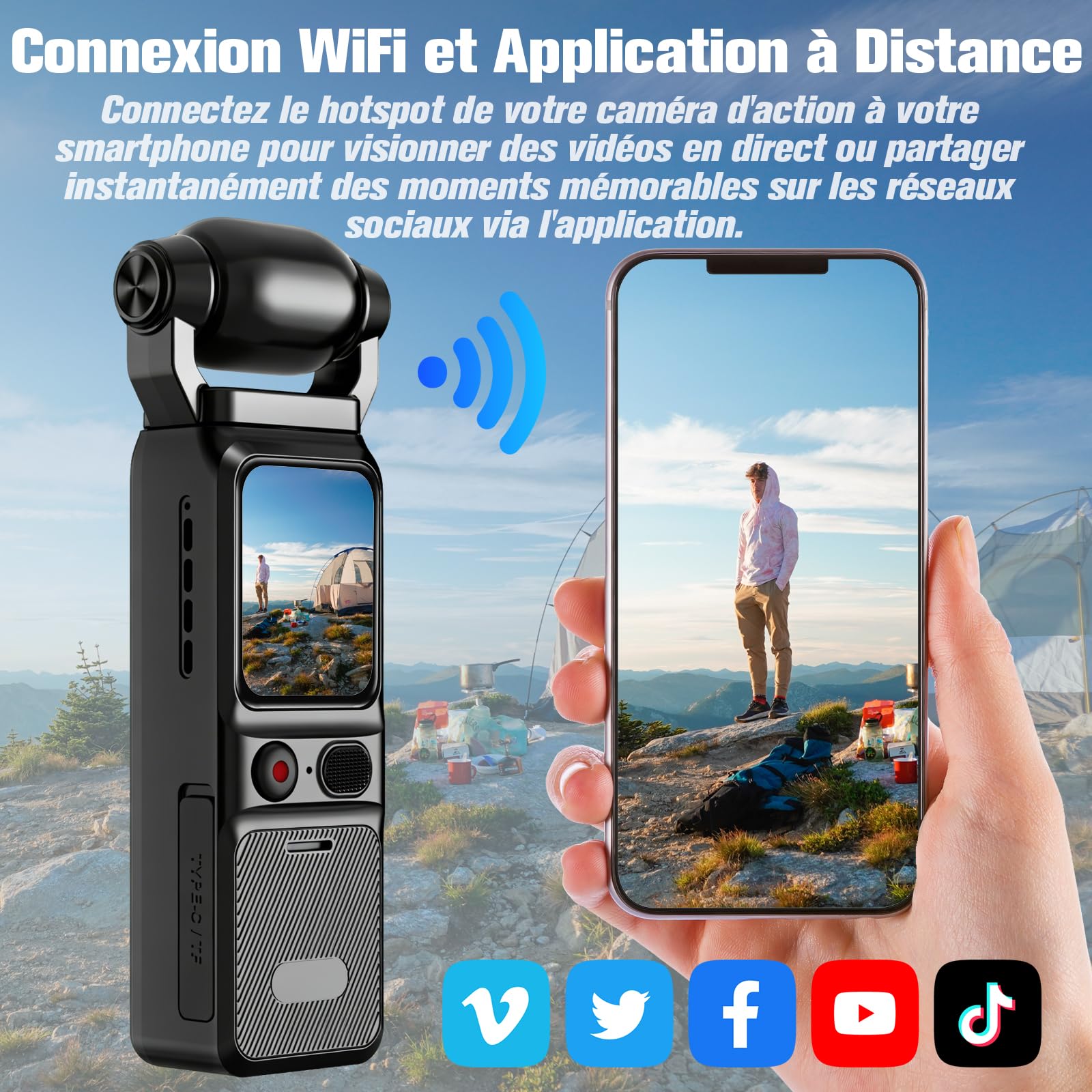 Caméra d'action WiFi 4K, Caméra Vidéo Sportive 160°, Caméra Portable de Poche avec Objectif Rotatif à 180° et Écran Tactile de 1,69 Pouces, Caméra Vidéo Numérique pour Vlog de Voyage