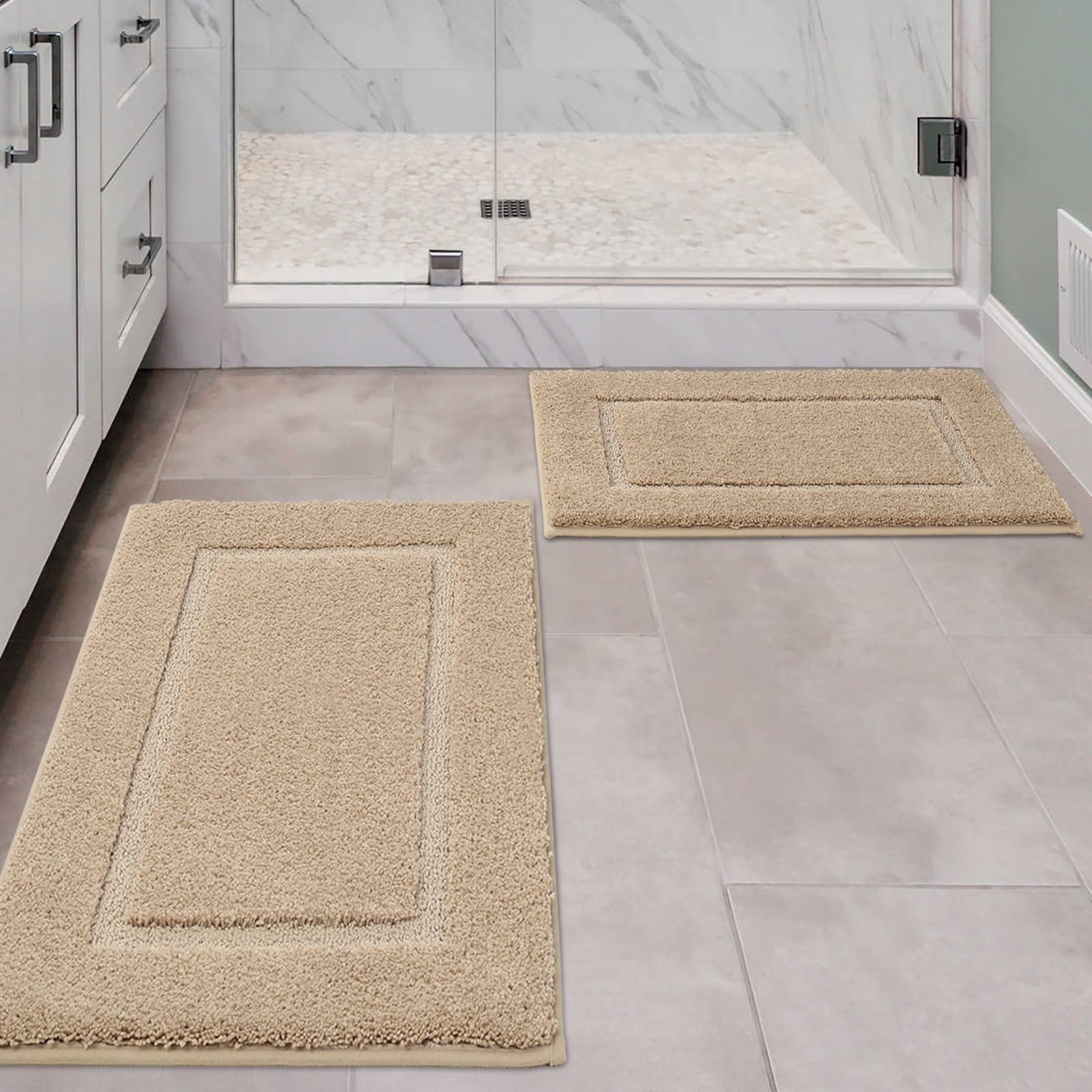 Bathroom Rugs Sets 2 Piece, Ultra Absorbent Soft Bath Rug, Machine Washable Microfiber Non-Slip Bath Mat for Bathroom Floor, Tub, Toilet, Shower Room, Beige