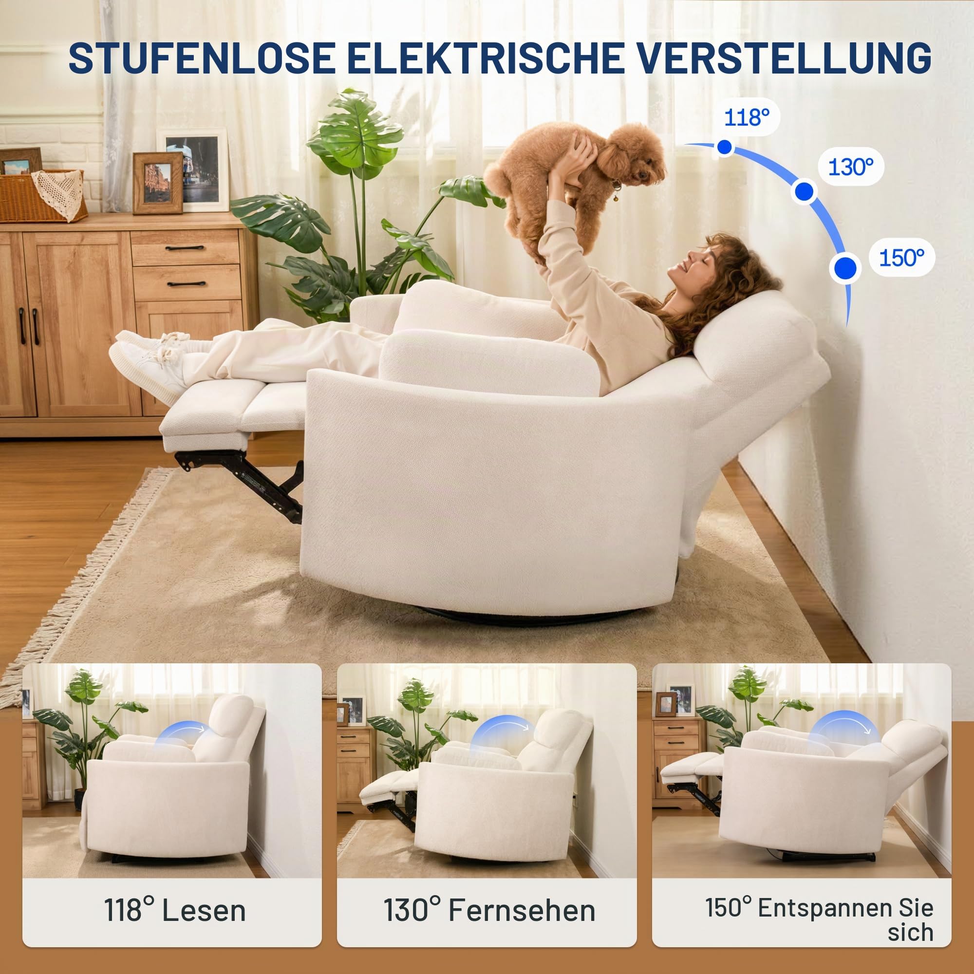 FLEXISPOT Mochi Pro Zero-Wall XXL Elektrischer Relaxsessel, 1,5-Sitzer mit 90 cm Sitzbreite, Fernsehsessel für Große & Schwere, Heimkino Sofa mit Klemmschutz, USB/Typ-C, Chenille Beige