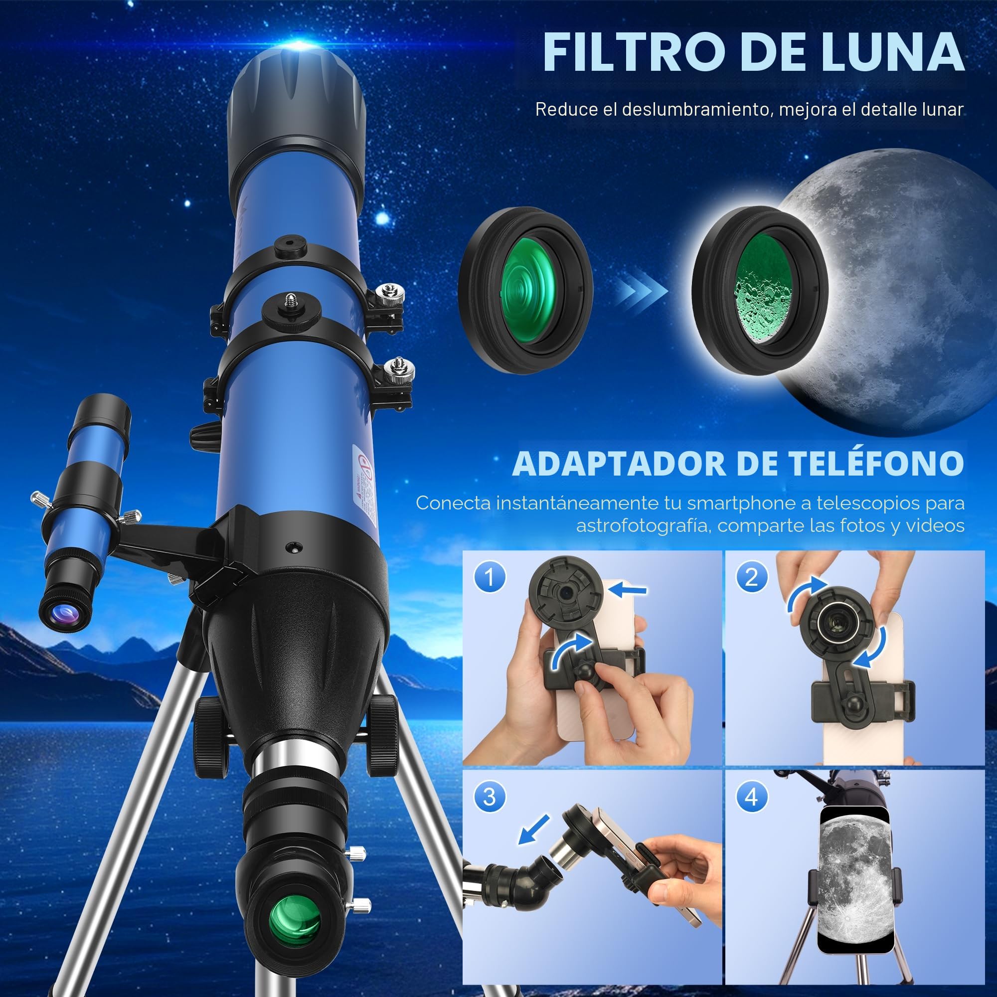MEEZAA Telescopio, Telescopio Astronómico Profesional para Adultos Niños y Principiantes, 90 mm Apertura 800 mm Telescopios Refractor Portátil con Trípode, Bolsa, Adaptador de Teléfono y Filtro Lunar