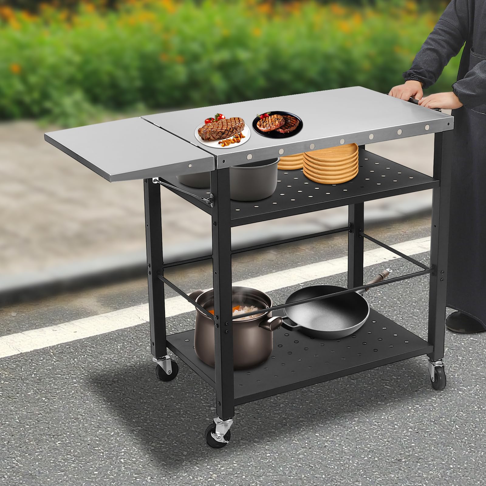 Mesa de barbacoa portátil para exteriores, barbacoa, mesa auxiliar, jardín, plegable, carrito de servir, carrito de acero inoxidable, mesa de barbacoa multifuncional con ruedas para terraza