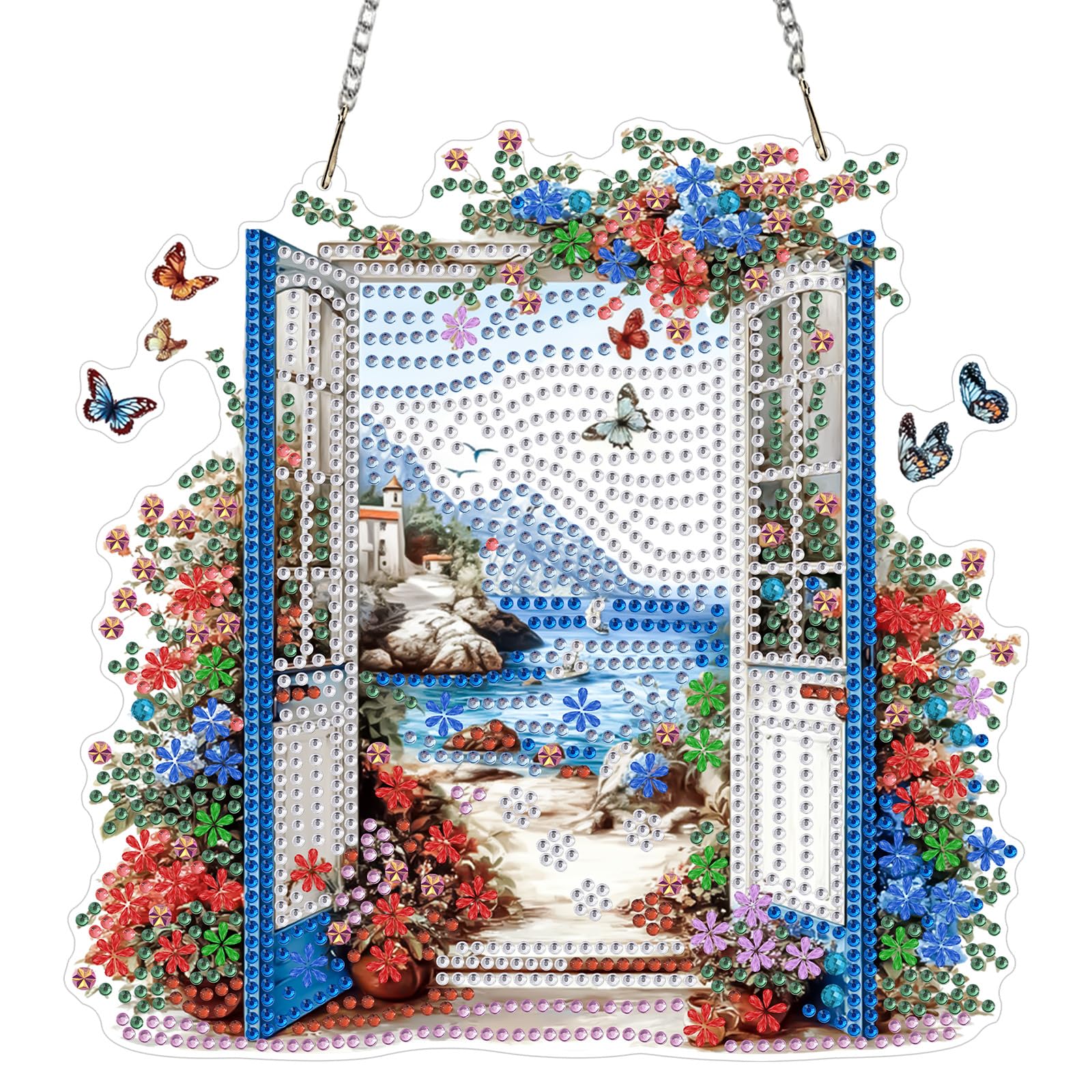 AIRDEA DIY Coastal Scene Diamond Art Ornament Kit for Adults, Double-Sided Floral Door Diamond Painting Hanging Kit, DIY Acrylic Special Shaped Drills Hanging Suncatcher