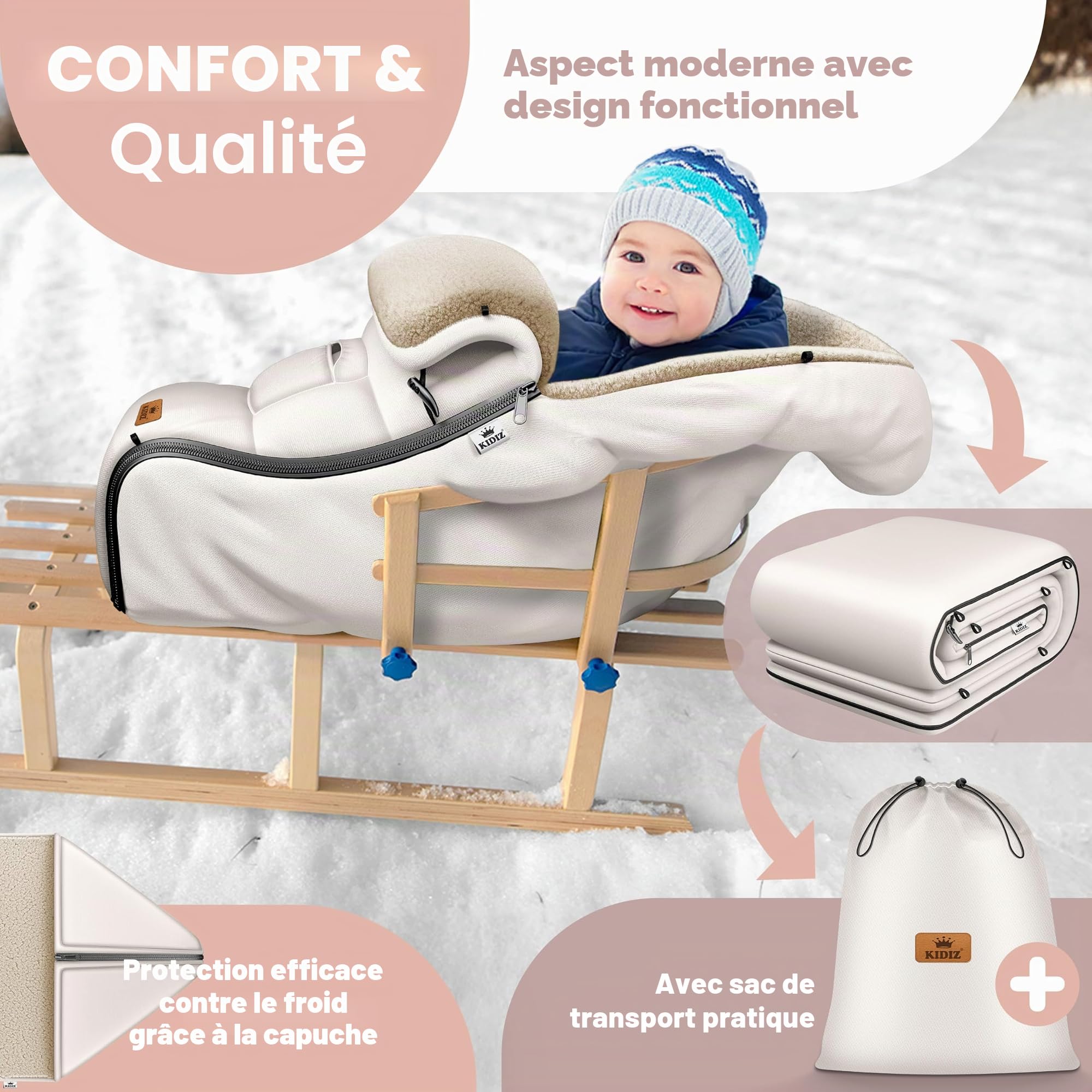 KIDIZ® Chancelière pour Bébé Chancelière d'hiver avec Fermeture à Glissière Couverture pour Bébé Poussette Lavable Tête Fermable, Poche, Adaptable à Toutes les Poussettes - Beige