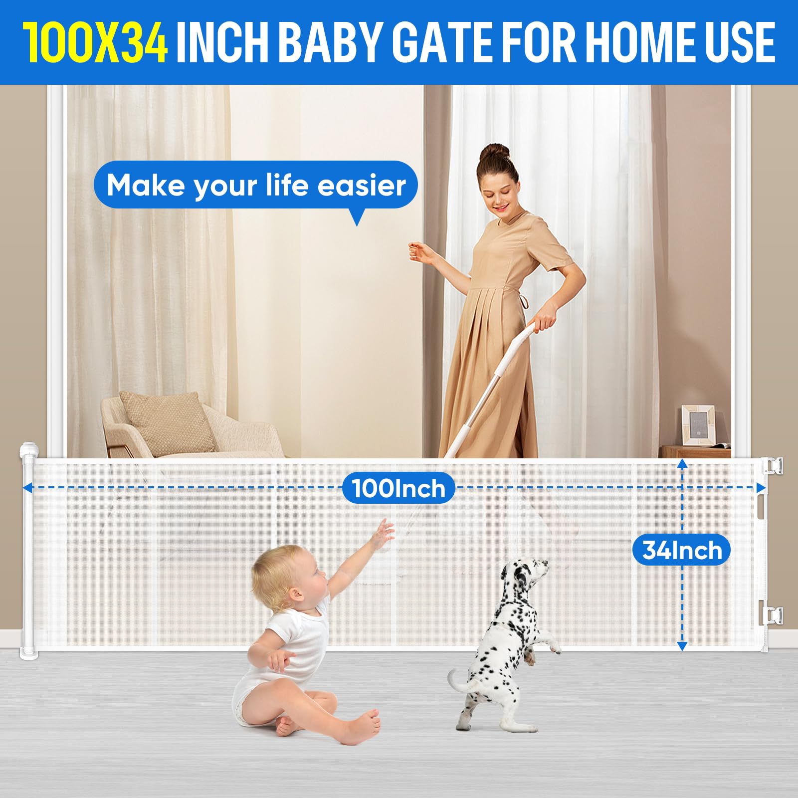 Cancelletto di Sicurezza Retrattile per Bambini, 0-254 cm Cancelletto Estensibile per Bambini Scale e Corridoi Interni ed Esterni Cancello per Cani (Bianco)