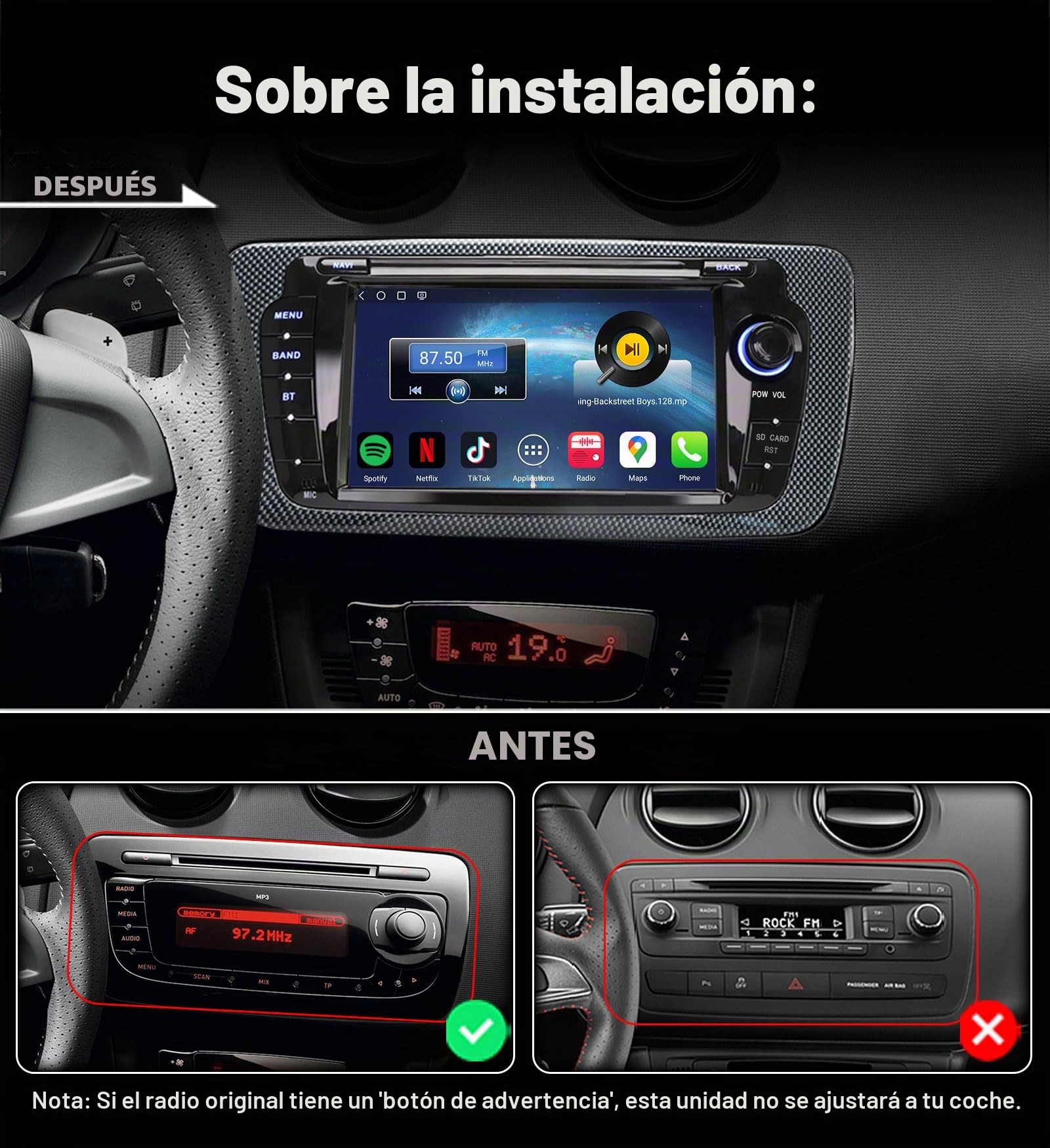 Android 14 Qualcomm 8 Core Radio Coche Carplay para Seat Ibiza 2009-2013 Bluetooth 5.1 Android Auto DSP A2DP SWC WiFi Canbus Navegador GPS Pantalla táctil IPS 4GB RAM 64GB ROM