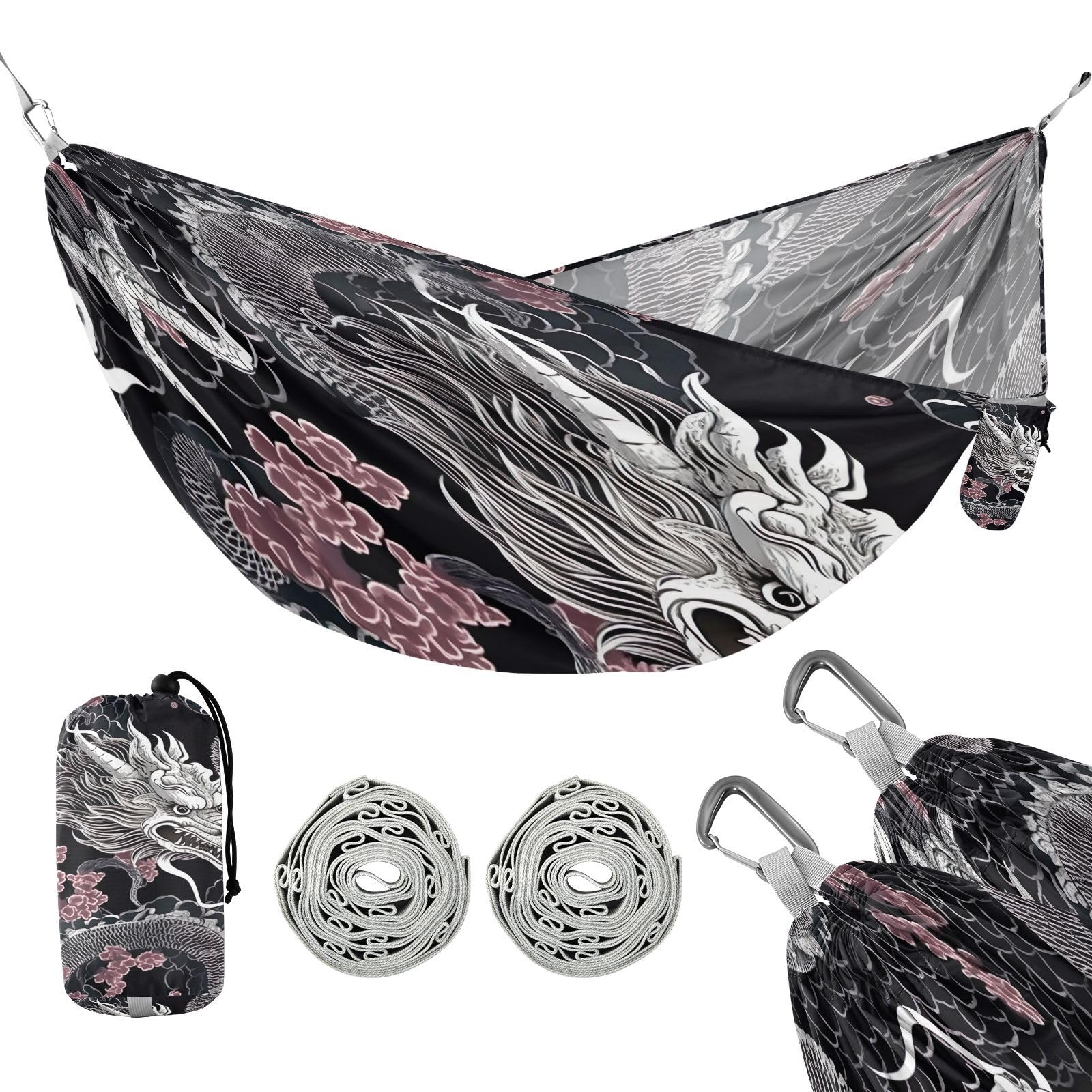 SDMKA White Dragon Black Camping Hammock, 330 lbs with 2 Tree Straps, Carry Bag, Single Portable Hammock for Outdoor/Indoor, Hiking, Beach, Backpacking, Travel