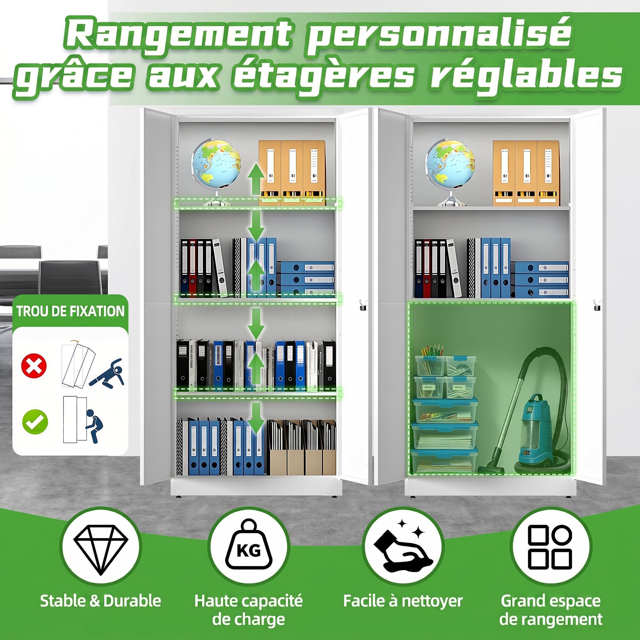 Armoire Bureau en Métal, Armoire Garage avec 2 Portes et Étagères Réglables, Cabinet de Rangement Verrouillable pour Bureau, Maison et Atelier, 180 x 80 x 40 cm, Blanc
