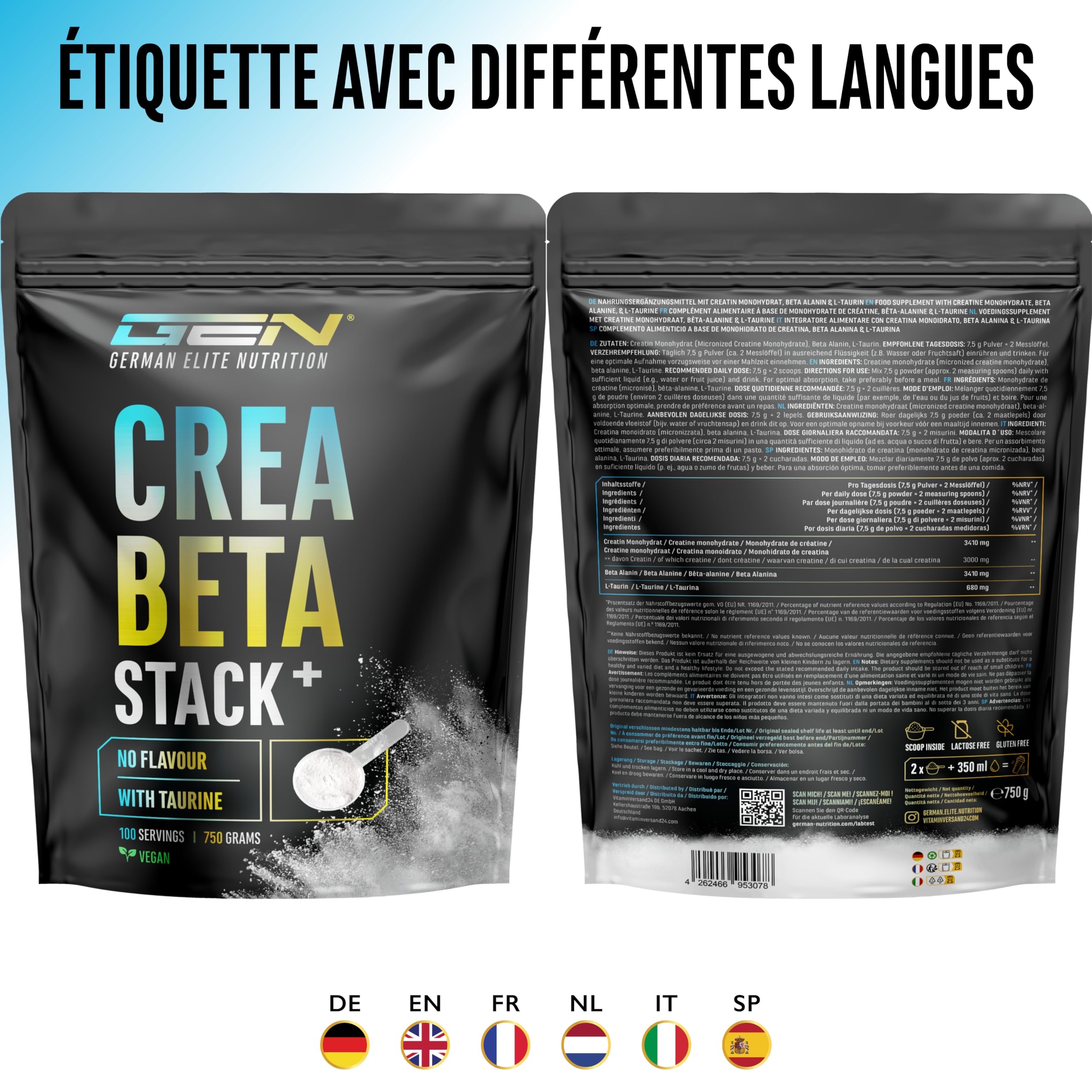 Creatin Beta Alanin Stack - Poudre 750 g - Créatine Monohydrate + Bêta-Alanine + L-Taurine - Créatine Micronisée de Haute Qualité - Dosage Optimal, Végan