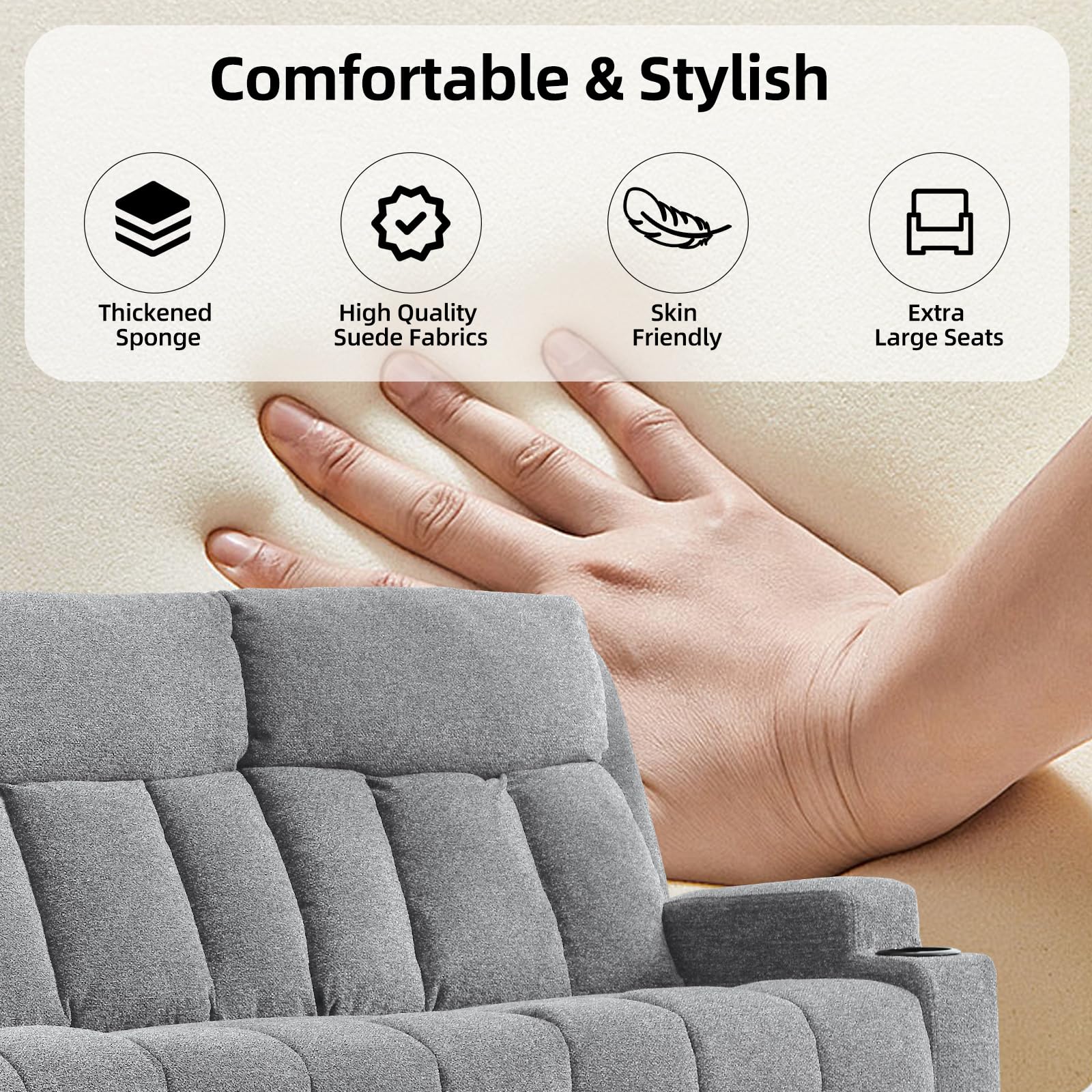 CANMOV Manual Recliner Sofa Set, Fabric Recliner Living Room Furniture Sets, Two 1 seat Reclining Chair and a Loveseat Furniture Set with Side Pockets and Cup Holders, Light Grey view 4