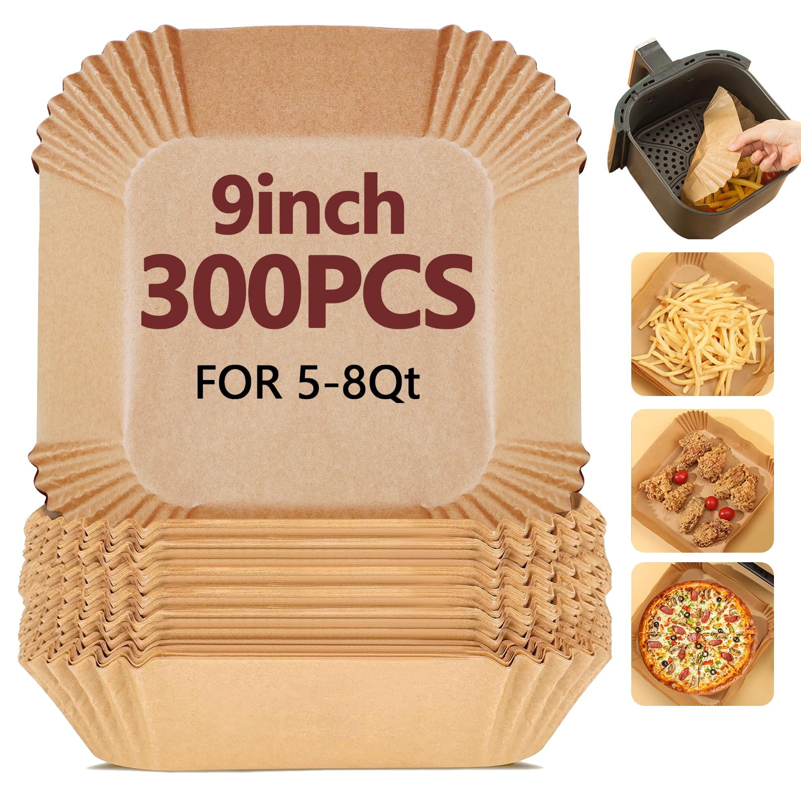 9 Inch Air Fryer Liners Disposable-300PCS Square Parchment Paper Liners,Heat Resistant &amp; Non-Stick,Unbleached Liners for Air Fryer,Oven,Roasting,Baking,Microwave（Bottom is 8 Inch）
