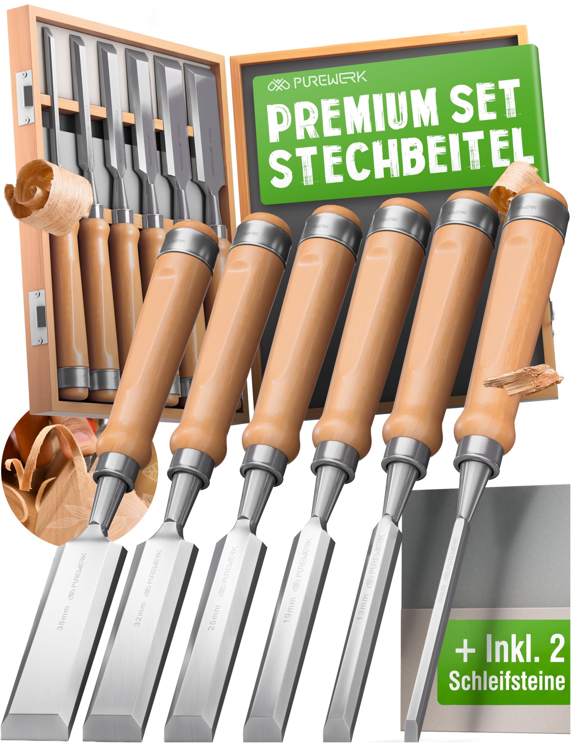 Set di scalpelli per legno [6 misure] – Set con 6 scalpelli affilate in acciaio CrV – Strumento per la lavorazione del legno con scatola e pietre abrasive