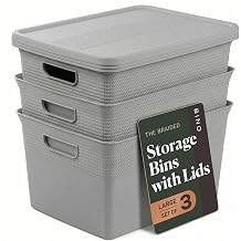 BINO | Plastic Storage Bins with Lids, 5 Liter - 3 Pack, Natural Grey | THE BRAIDED COLLECTION | Plastic Bins for Organization Woven Storage Baskets for Organizing Pantry Shelf Organizer Basket Bin