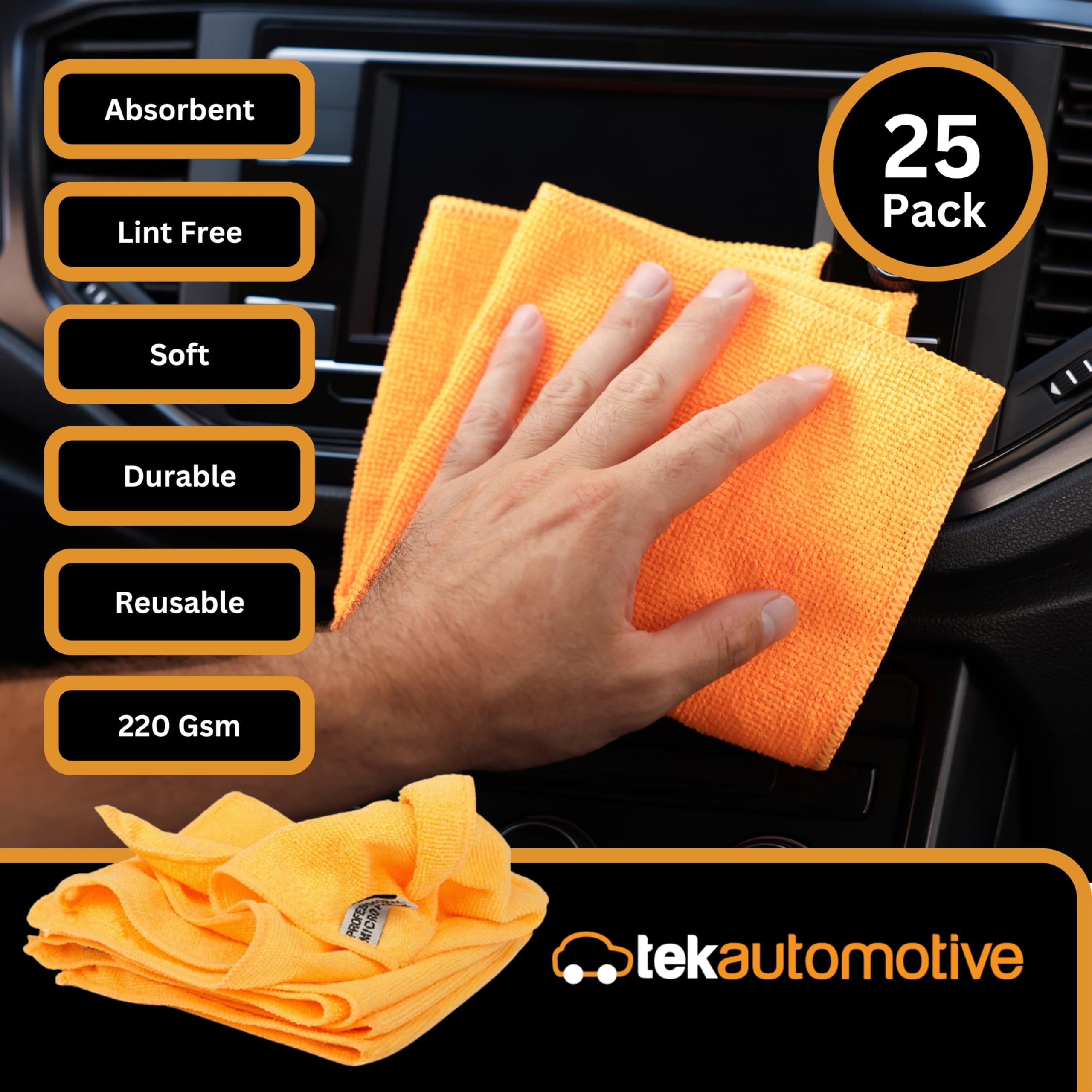 Tek Automotive 25 Stück orangefarbene Mikrofasertücher, 40 x 40 cm, fusselfrei, orangefarbene Reinigungstücher für Autos, Zuhause, Geschirrtücher, Autopflege, Autoreinigungszubehör, Mikrofasertuch,