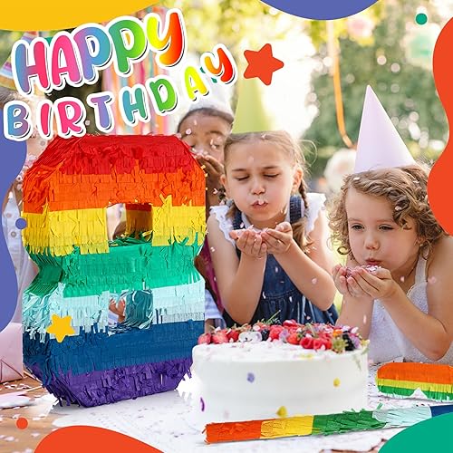 Miniatura 5 de Lenwen Juego de 120 piezas de piñata arcoíris, piñata multicolor para fiesta de cumpleaños con palo y confeti de carnaval para niñas y niños, 4