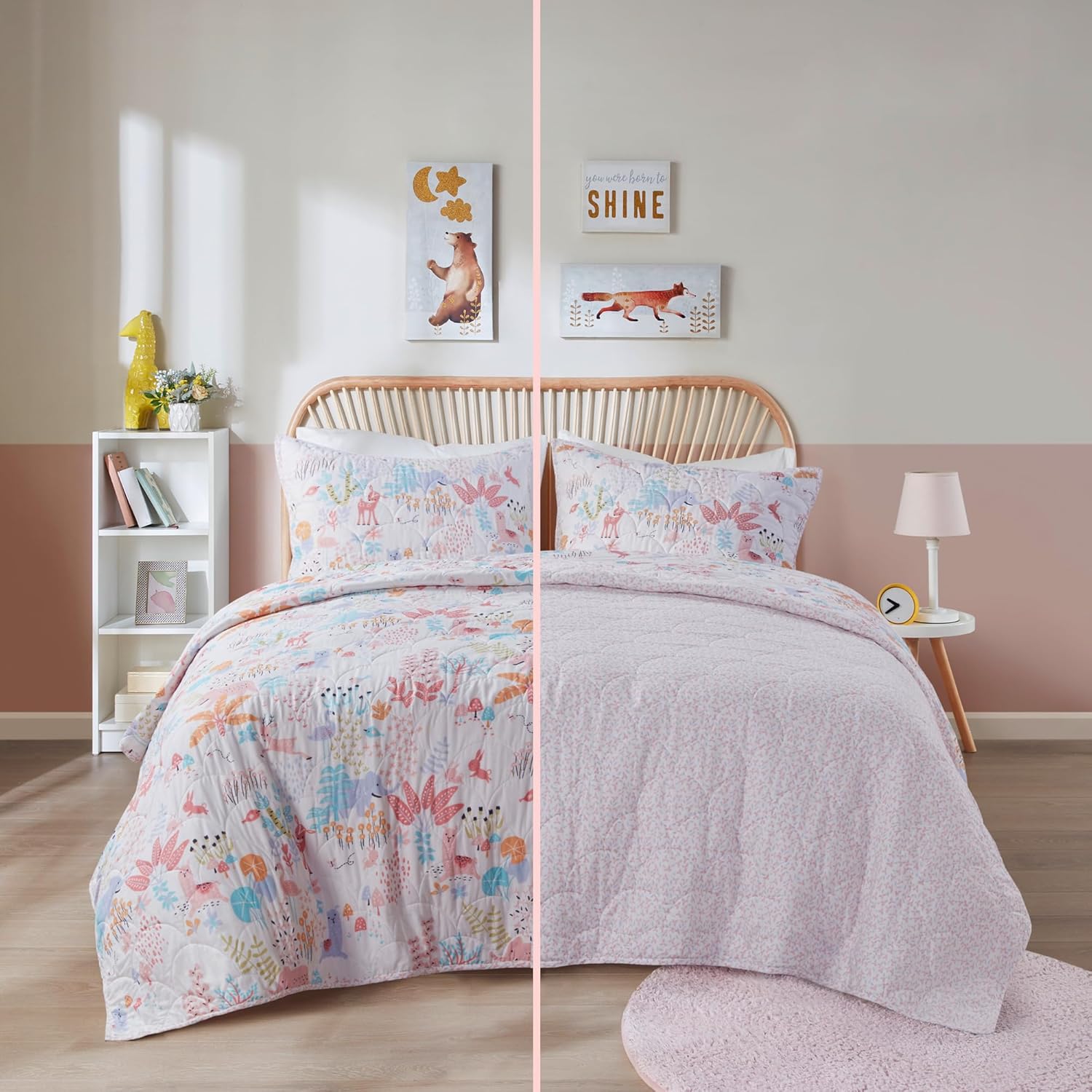 Intelligent Design Kids Twin Quilt Bedding Set Girls Bedding Set Reversible Twin Cotton Coverlet All Season Lightweight & Breathable Matching Shams Woodland Blush 2 Piece Forest Animals Print