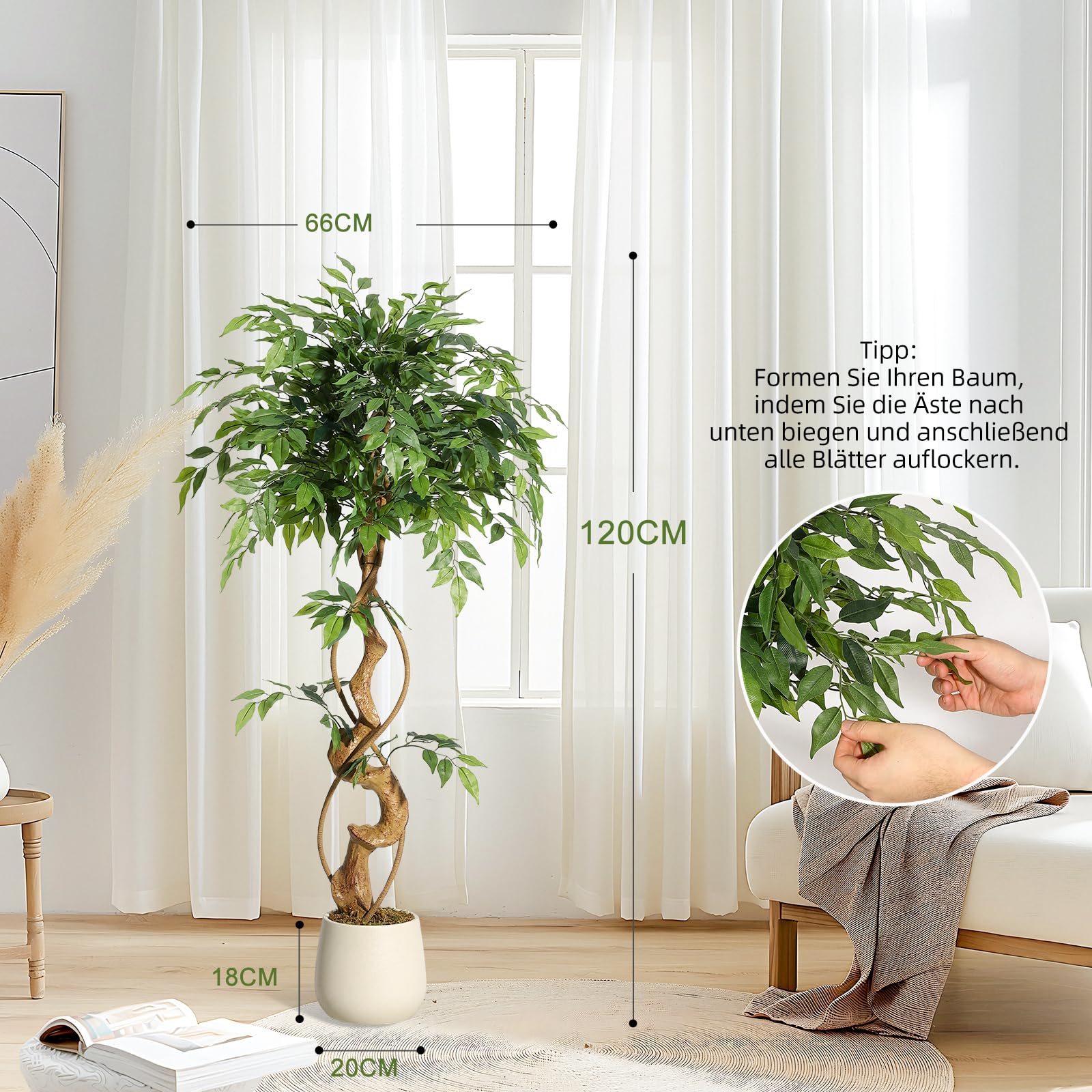 Kunstpflanze Groß Ficusbaum 120cm Mit Weiß Topf | Künstliche Pflanzen Groß Wie Echt, dichtes Laub, umweltfreundlich,für Wohnzimmer, Schlafzimmer, Büro, Garten