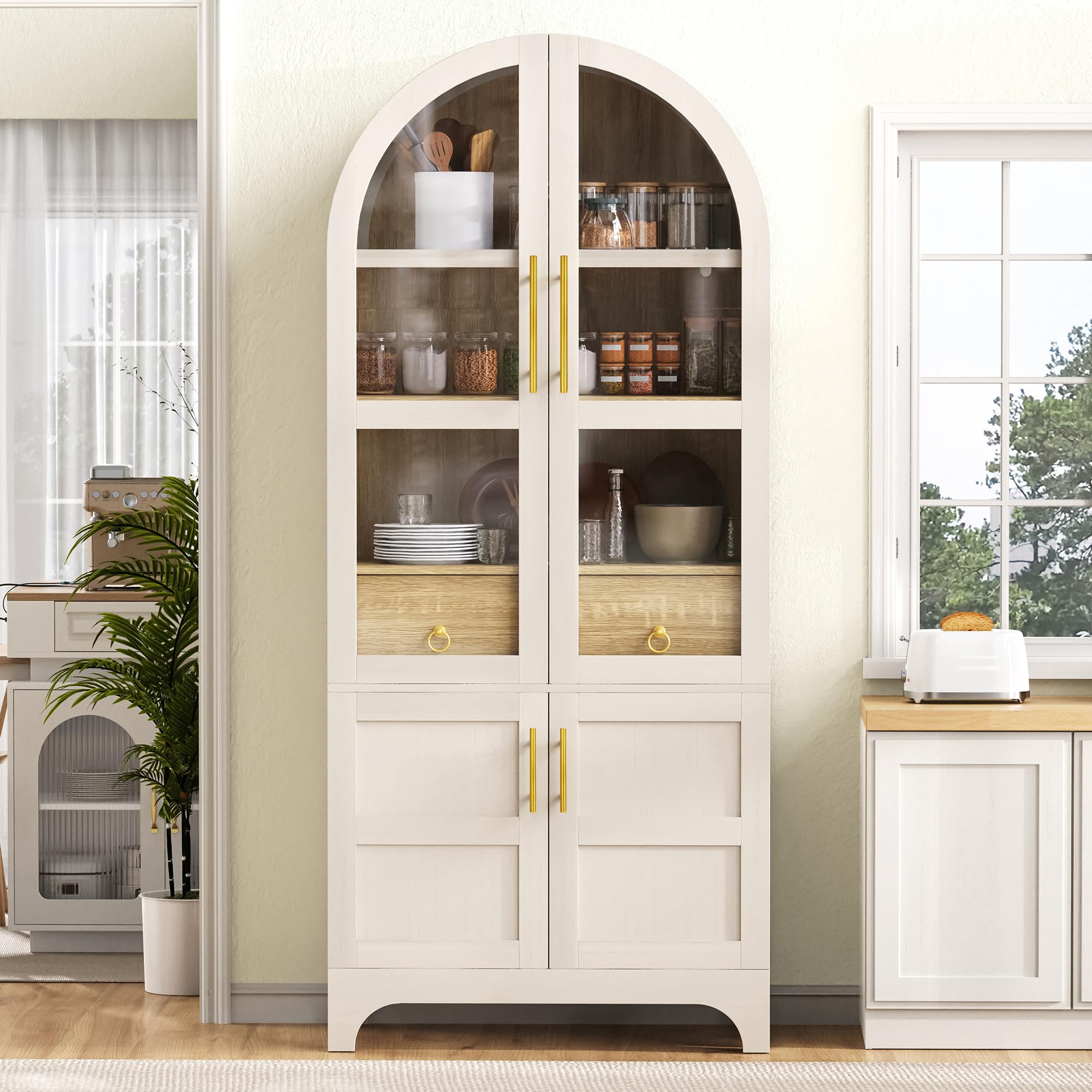 Mobiletto alto con vetro scanalato, ripiani regolabili, cassetto, armadietto da cucina con grande capienza, ideale per sala da pranzo, soggiorno, cucina, bianco