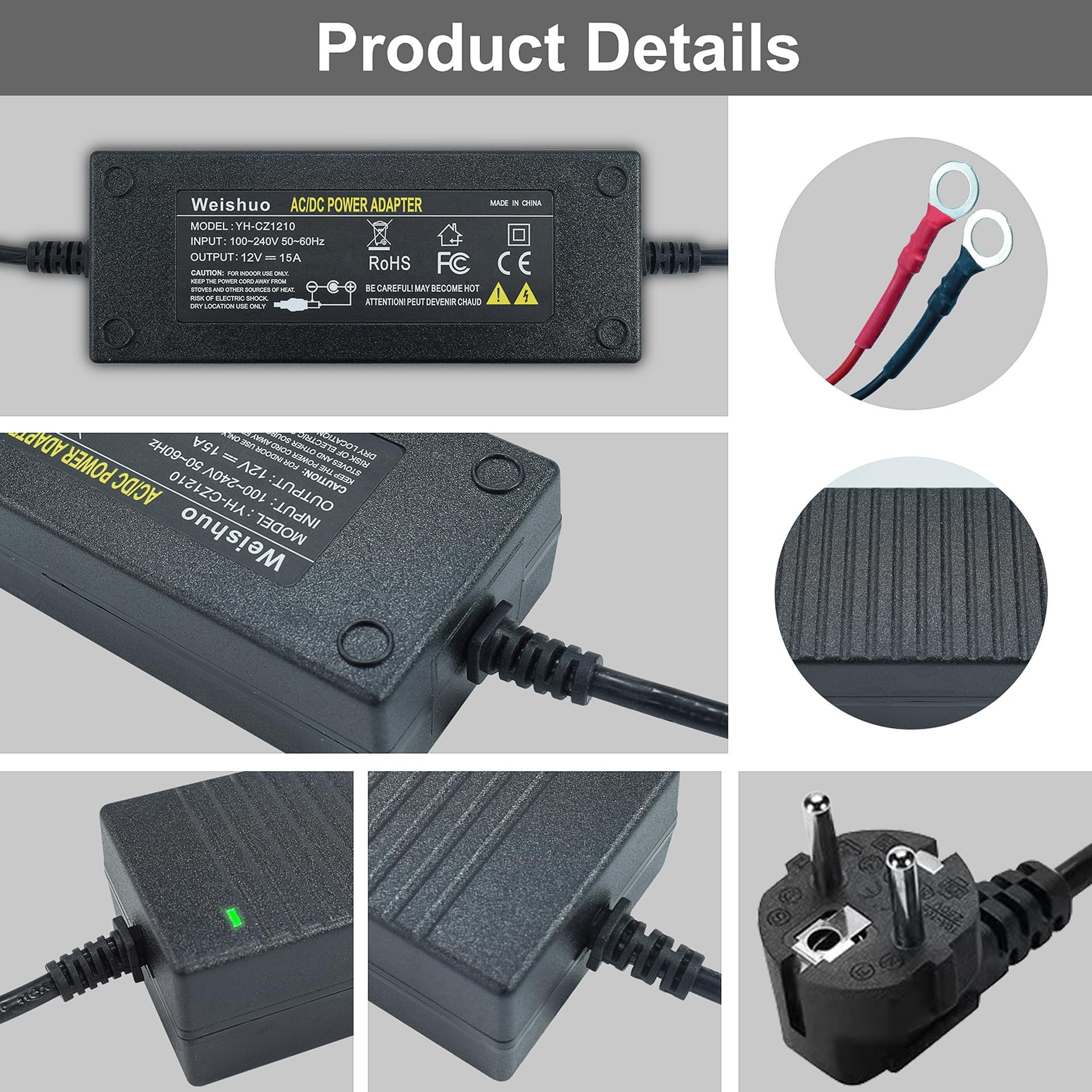 Adaptador para Calentador Diésel 220V a 12V 15A, 180W Convertidor de Voltaje, Adaptador de Alimentación para calefacción de aire diésel de 5 kW / 8 kW, Nevera, Freidora y Bomba de Aire