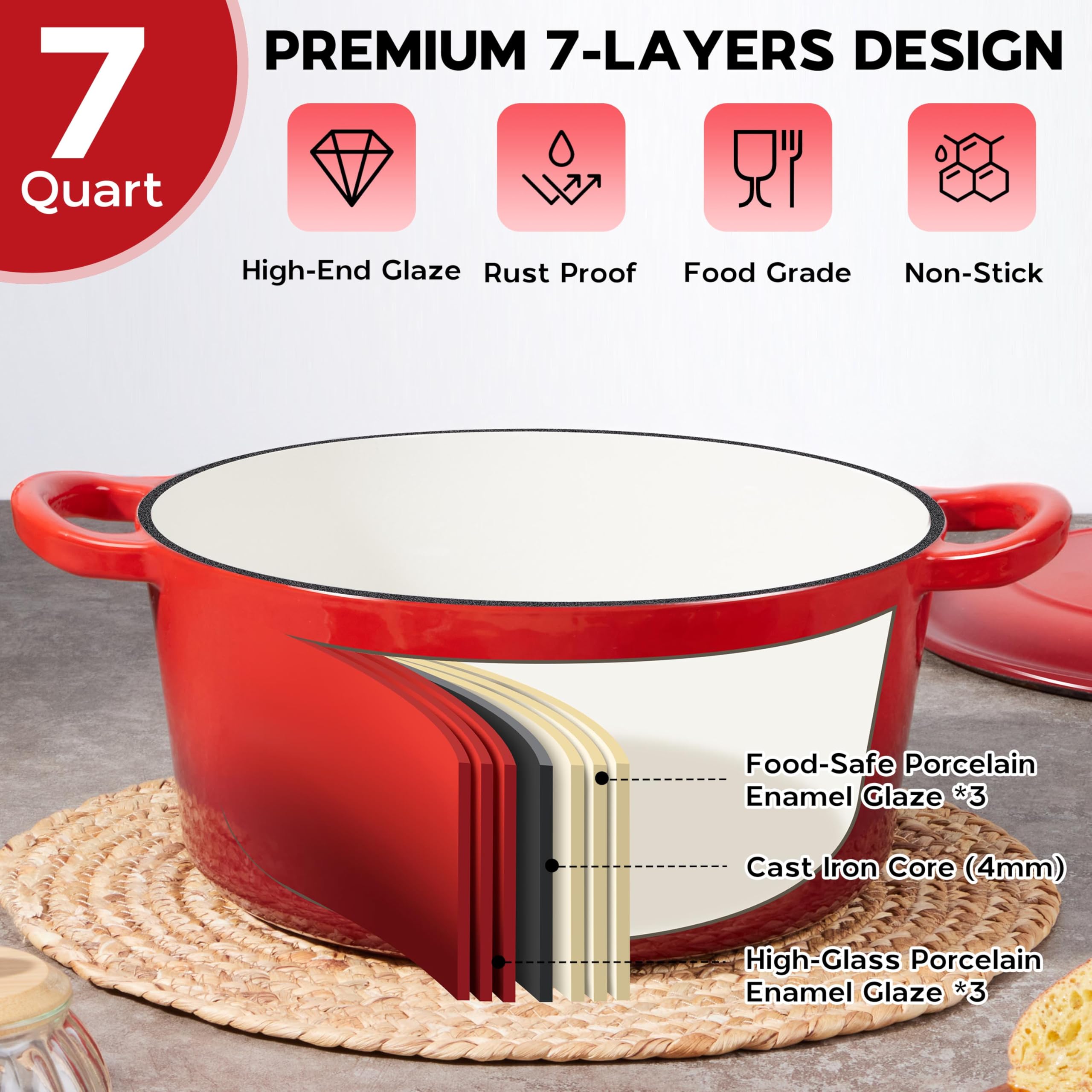 Onader Forno olandese in ghisa smaltata, 7 qt, con coperchio, per la cottura del pane, rotondo, resistente, rosso