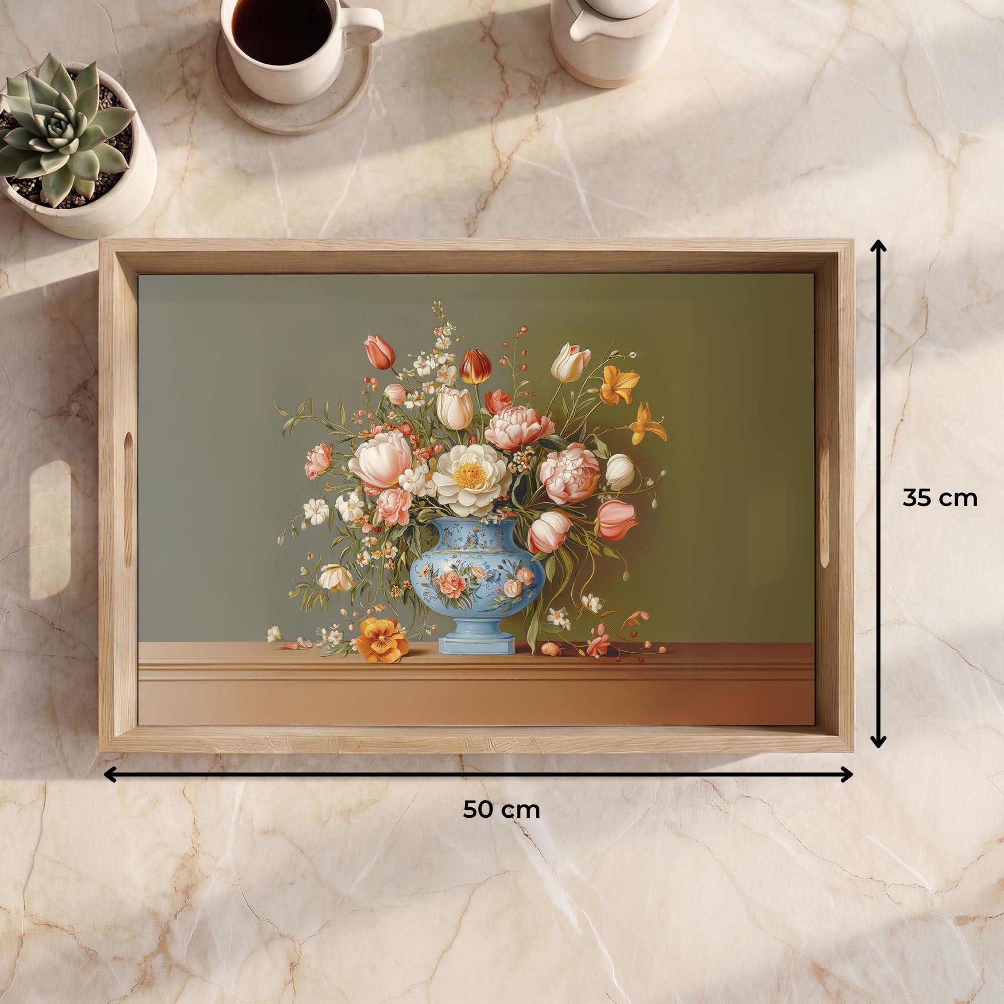 Bandejas para Servir Comida Rectangular 50x35 cm Bandeja Desayuno Cafe Tabuleiro Resistente A Los Arañazos Antideslizante Cocina Neutro - Flores - Ramo - Jarrón