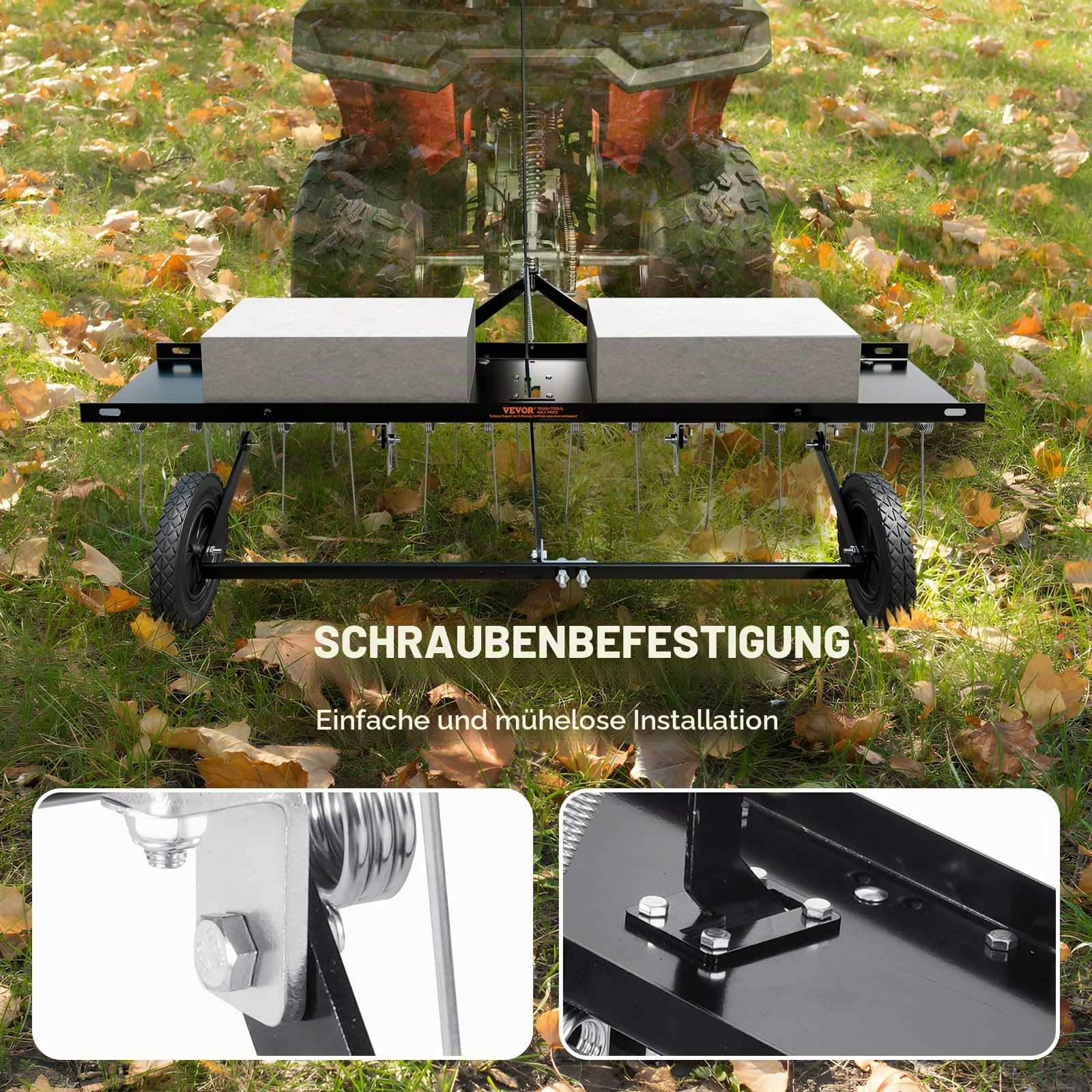 VEVOR Vertikutierer, 1219 mm Vertikutierer mit 24 Federstahlzinken, Rasenvertikutierer für ATV oder Mäher, Rasenrechen mit Hebebügel für den Garten, Bauernhof, Gras