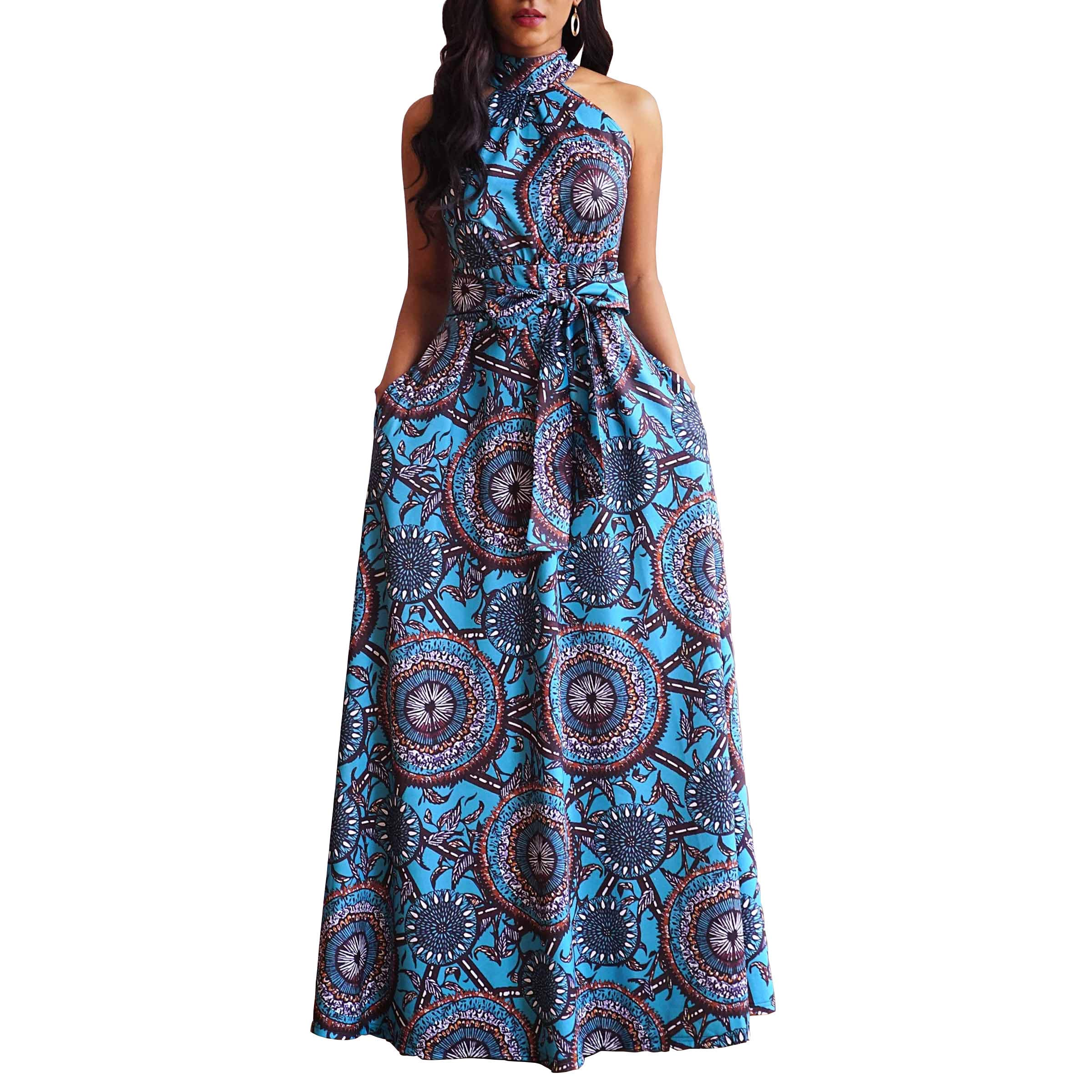 VERWINFloor Length Lace-Up High Waist Stand Collar Sleeveless Women's Maxi Dress Print Dress