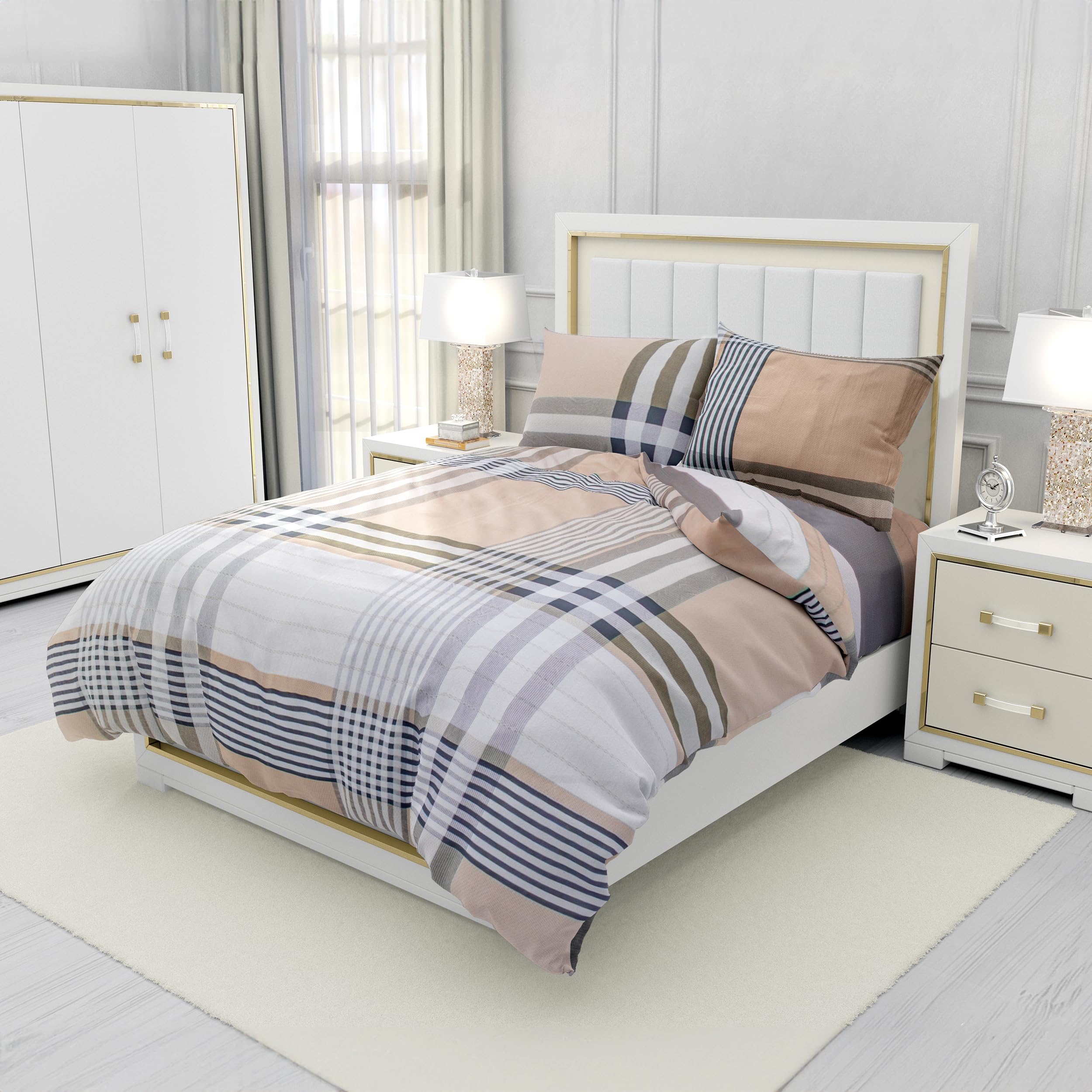 BESCH Juego de Funda Nordica 100% Algodón Extra Suave Alta Densidad 3 Piezas - Juego de Funda Edredónes 150x220cm y con 1 Funda de Almohada 50x75cm (Rayas)