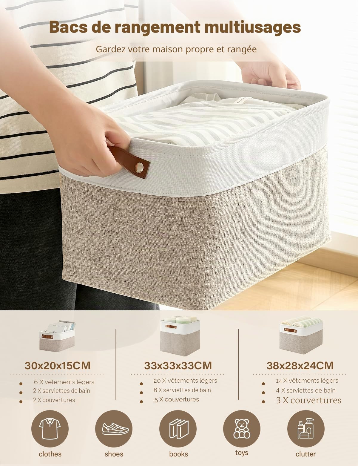 Bagnizer Lot de 4 cubes de rangement pliables en tissu pour étagères et armoire (33 cm) – Paniers organisateurs avec poignées, boîte en toile imperméable pour vêtements Beige & Blanc