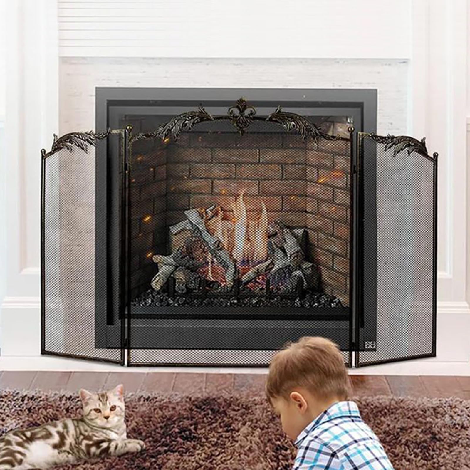 GTPBAO Salvachispas Chimenea Repisa De Chimenea Moderna Bronce Dorado, 128×82cm, Hierro Forjado Protector De Chimenea para Carbón/leña, Antiescaldaduras