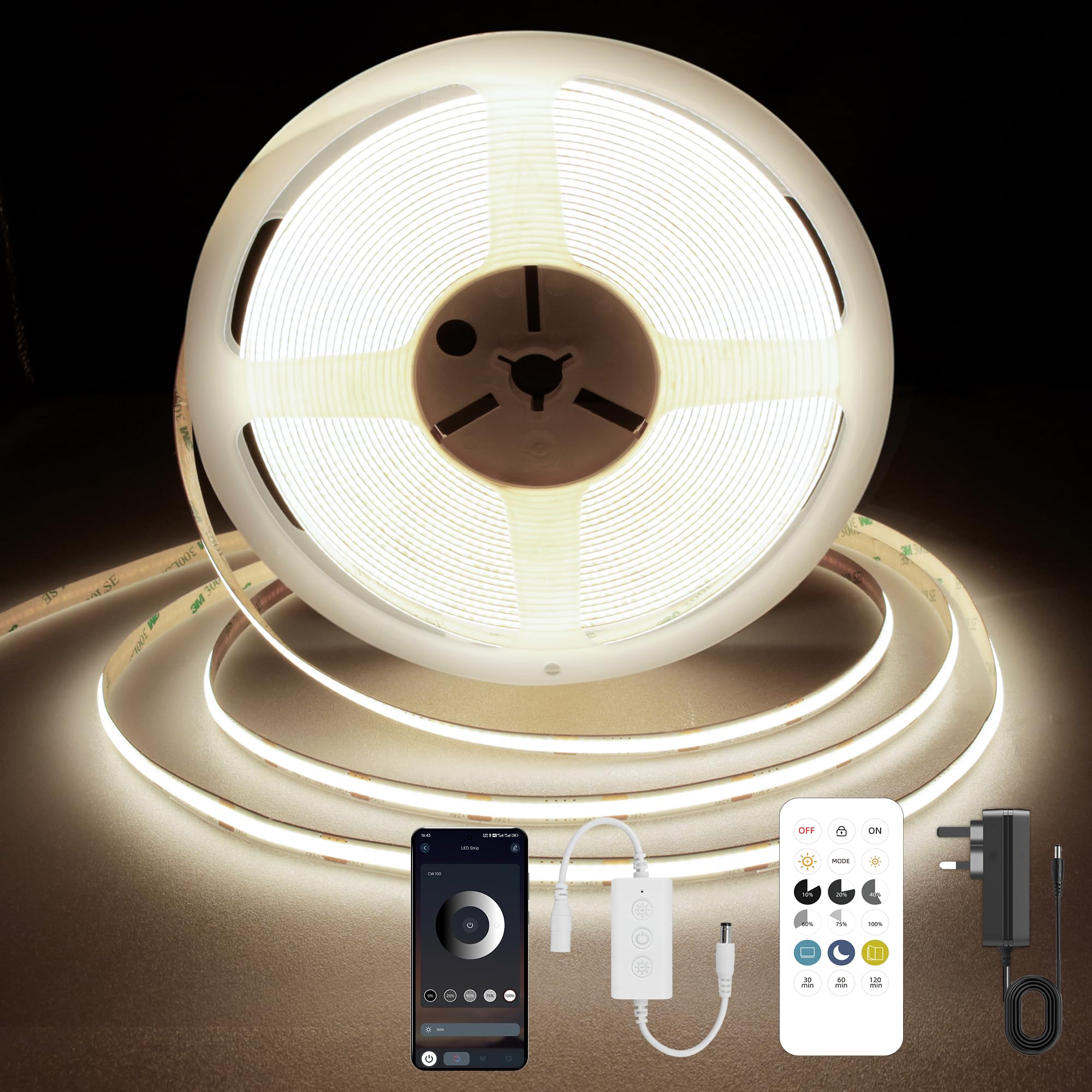 TTWAY COB LED Strip 7.5M, Natural White 4000K LED Strips Light, 24V Dimmable LED Tape Light, CRI92+, 8mm Width, with Remote and App and UKCA Power Supply, for Home Decoration, Kitchen, Mirror