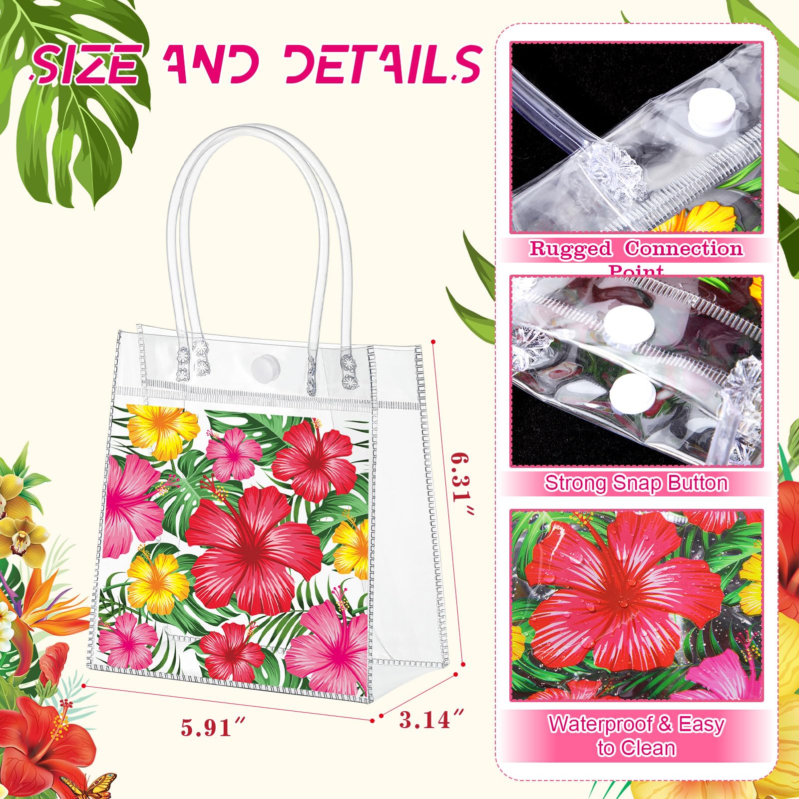 Kolldenn 12 Pcs Hawaiian Day Clear Gift Bags Hibiscus Luau Gift Bags with Handle Floral Tote Goodie Handbags for Summer Beach Pool Birthday Bridal Shower Party Favors, 6.31 x 5.91 x 3.15 Inch