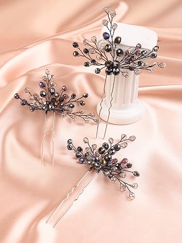 Miniatura 5 de Kercisbeauty Juego de horquillas de cristal negro para boda para mujeres y niñas, juego de piezas de pelo de fiesta temática hechas a mano de color