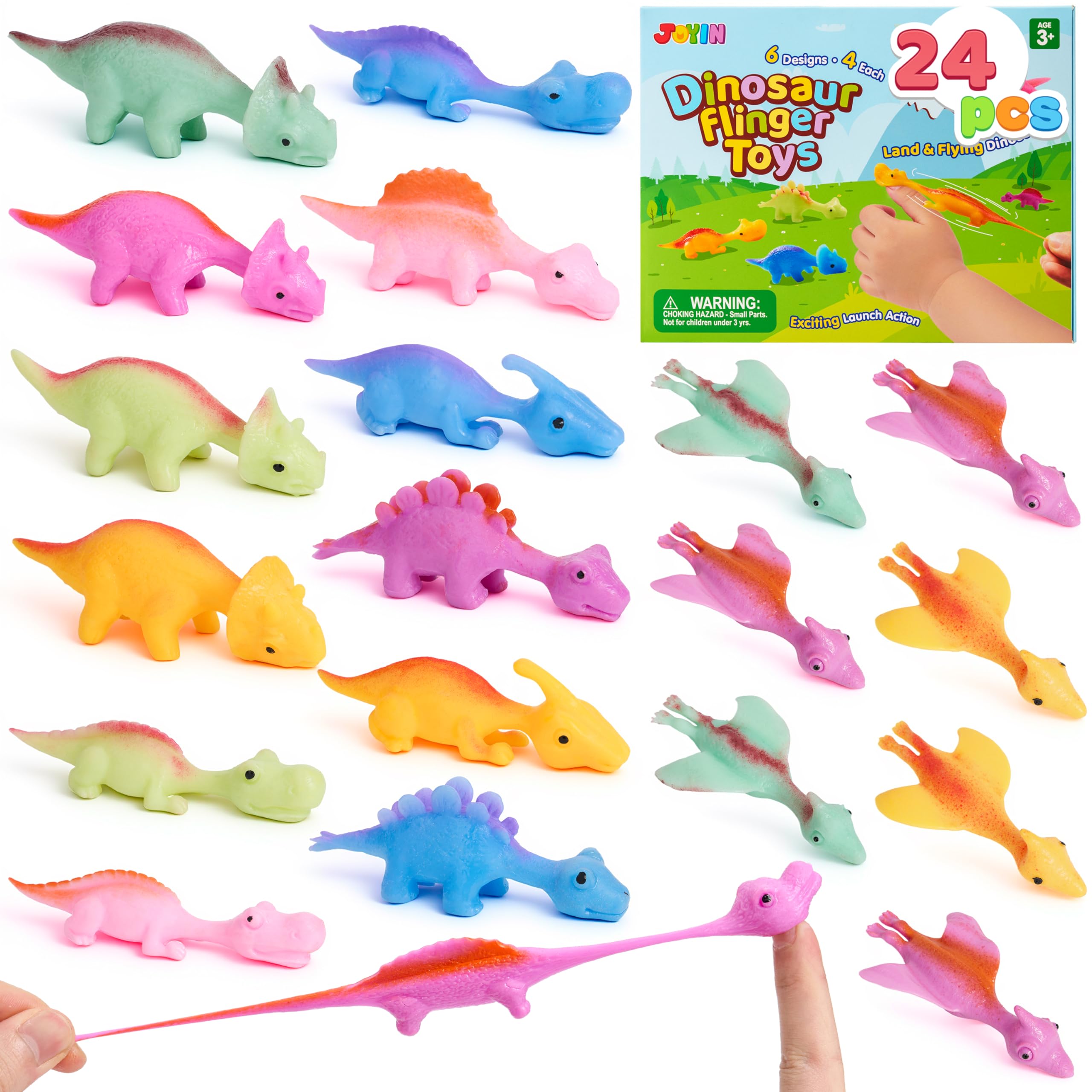 JOYIN - 24 juguetes de dinosaurio, para niños, regalos de fiesta de dinosaurios voladores para niños, regalos divertidos de mordaza, caja del tesoro, regalos de cumpleaños y recuerdos de fiesta