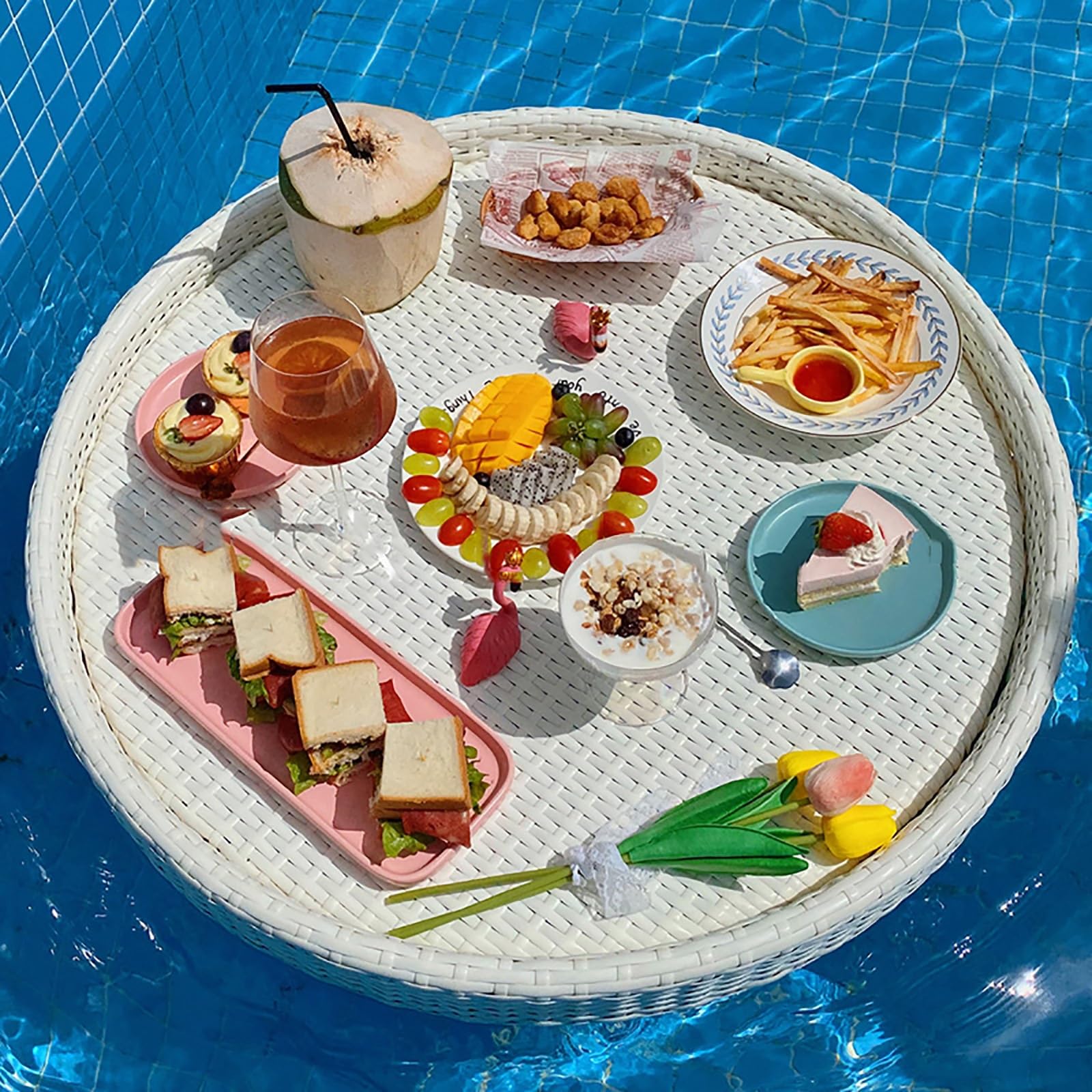 Vassoio Galleggiante Extra Large Deluxe per Piscina, Bar Galleggiante per Piscina, galleggianti in Rattan Intrecciato per Piscina per Adulti, Round-white-60cm/24in