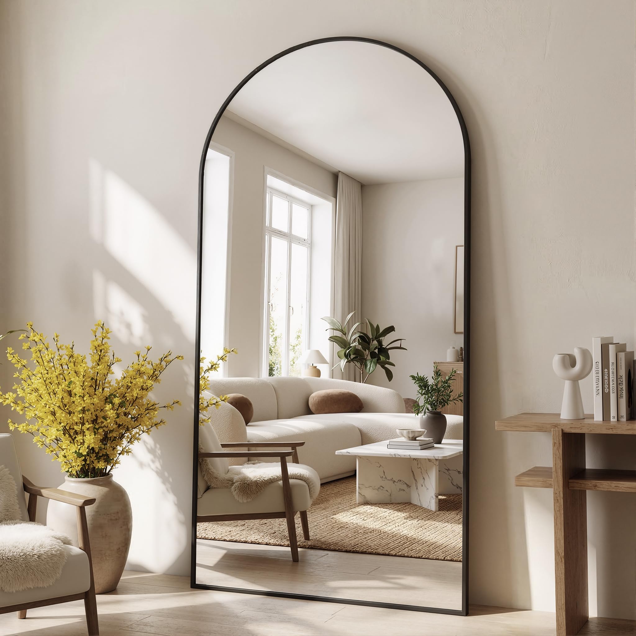 full length mirror, 81"x41" floor mirror freestanding, oversized floor standing mirror full body mirrors with stand for bedroom, hanging mounted mirrors for living room, black, arched