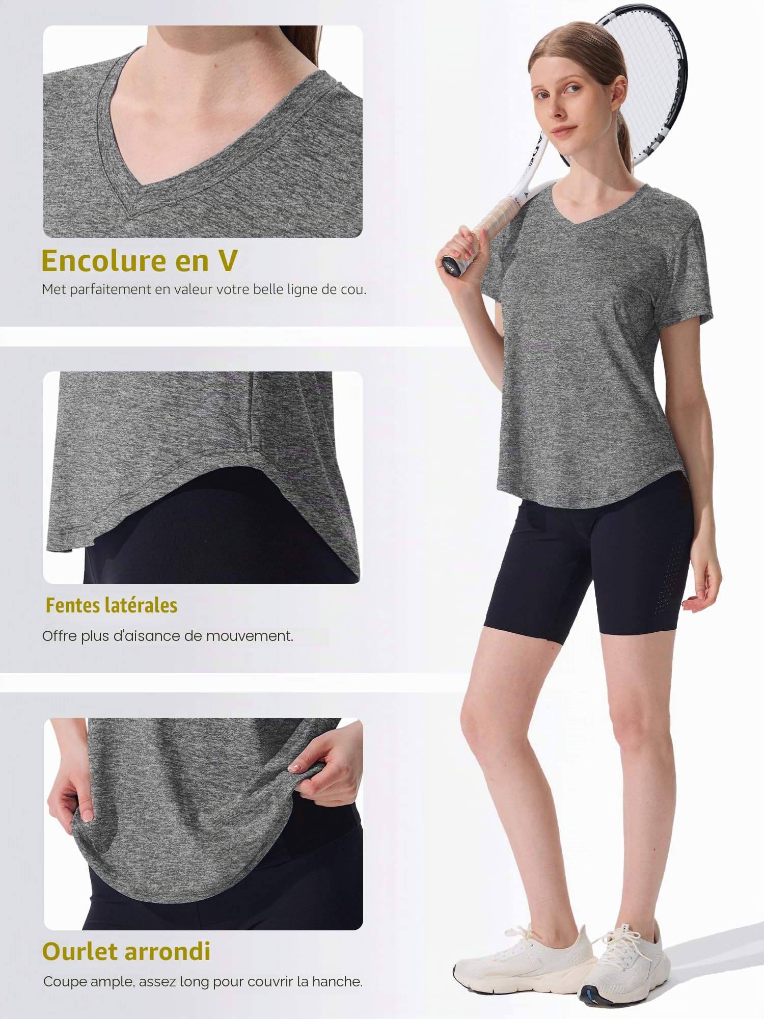Tee Shirt de Sport Femme 3 ou 5 à Manches Courtes Séchage Rapide pour Fitness Yoga Col V Rapide T-Shirts Tops Pilates