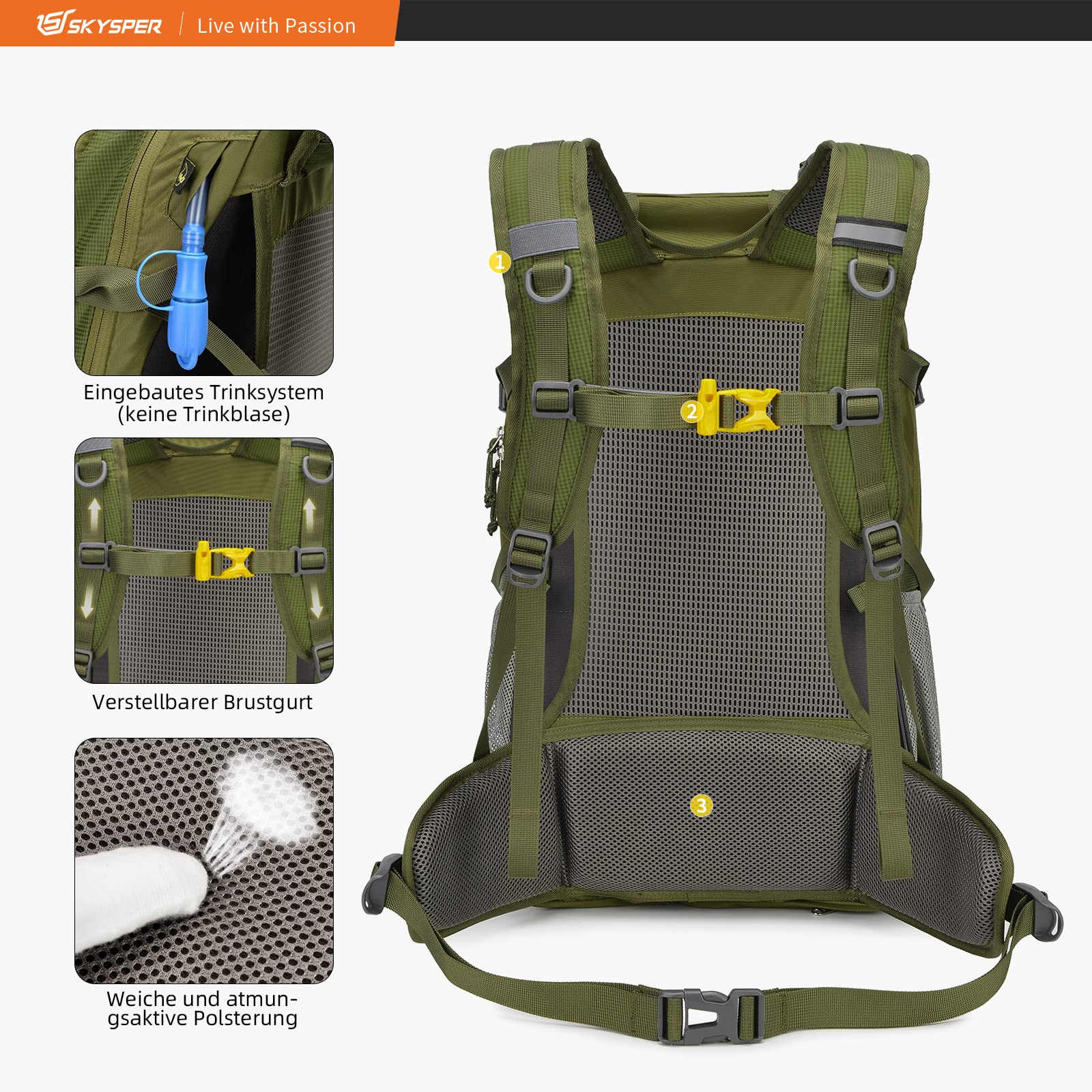 SKYSPER Zaino da Hiking Professionale 30L, Zaino da Trekking Impermeabile con Copri Pioggia Zaino con Ventilazione Posteriore per Escursioni Viaggi Campeggio