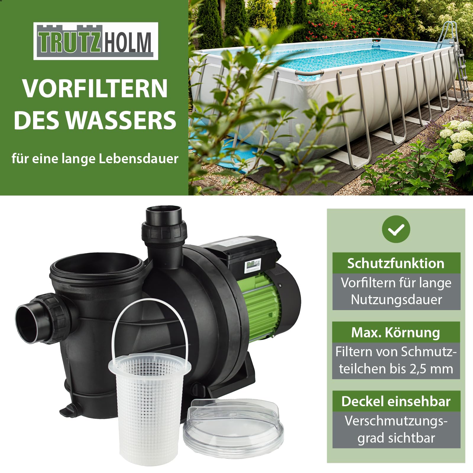 TRUTZHOLM Schwimmbadpumpe Poolpumpe Filterpumpe Umwälzpumpe Pumpe 550W 10.000 l/h oder 800W 15.000 l/h für Pools mit 30.000 Litern oder 45.000 Litern (800W / 15m³l/h)