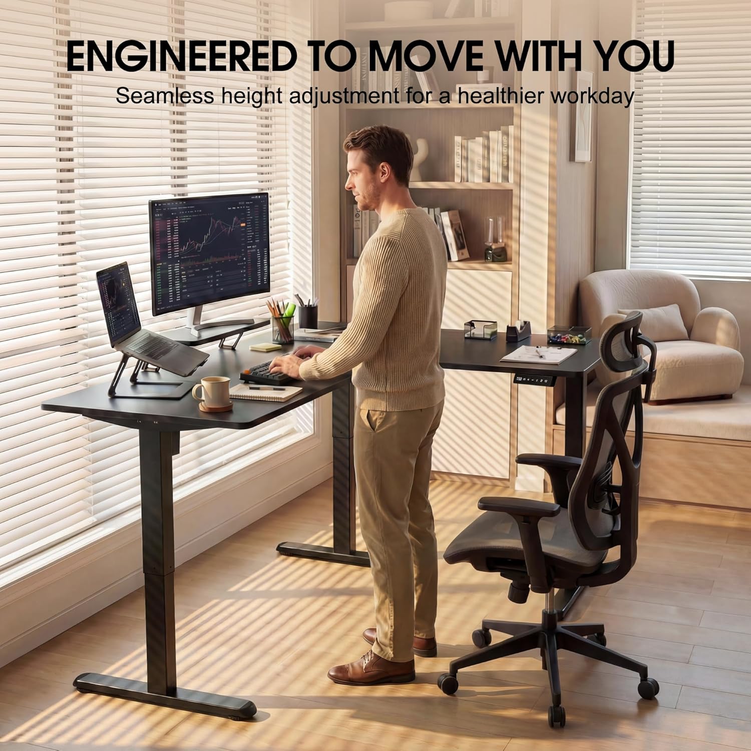 Furmax 63 x 47 Inch L Shaped Standing Desk with 2 Preset Heights, Electric Height Adjustable Computer Desk, Corner Sit Stand Desk for Home Office, 2 Hooks & Feet Balance (Black, 63 x 47 Inch)