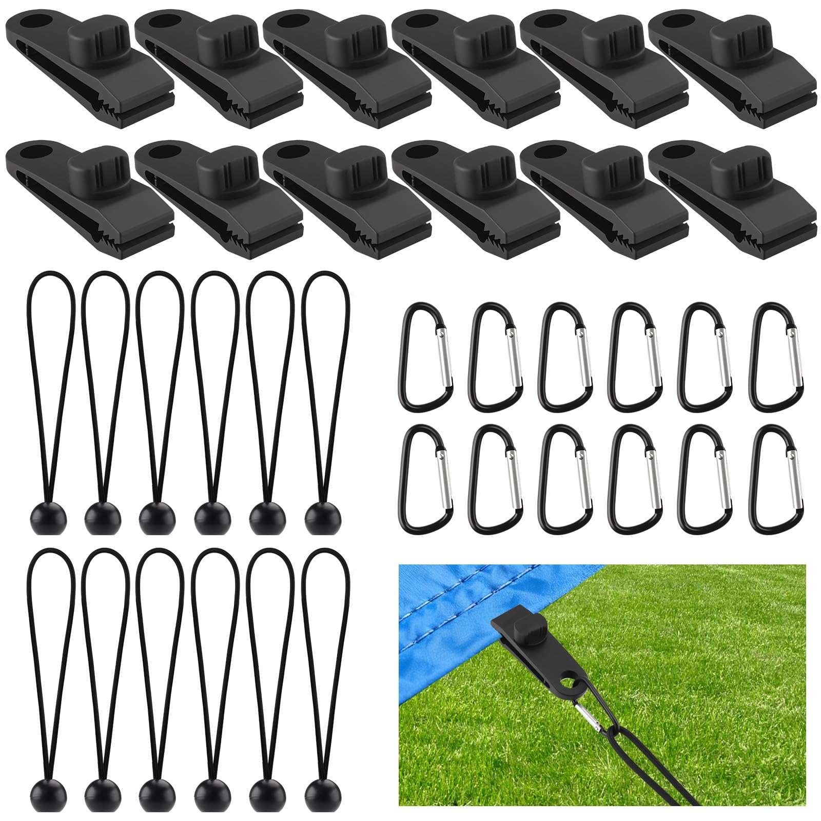 Set di Ganci per Teloni da 36 Pezzi 12 Tarp Clips + 12 Corde Elastiche + 12 Moschettoni Per Tende da Campeggio, Bivi e Teloni di Protezione · Presa Forte e Sicura