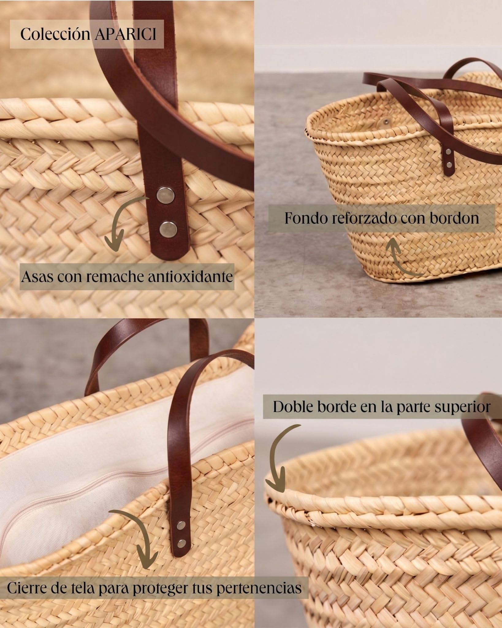 Cesteria Aparici - Capazo de Palma Mujer - Bolso Bandolera Artesanal Asas Largas Marrón con Cierre de Tela Beige EXTRA GRANDE (52x28x35cm) REF: 5340