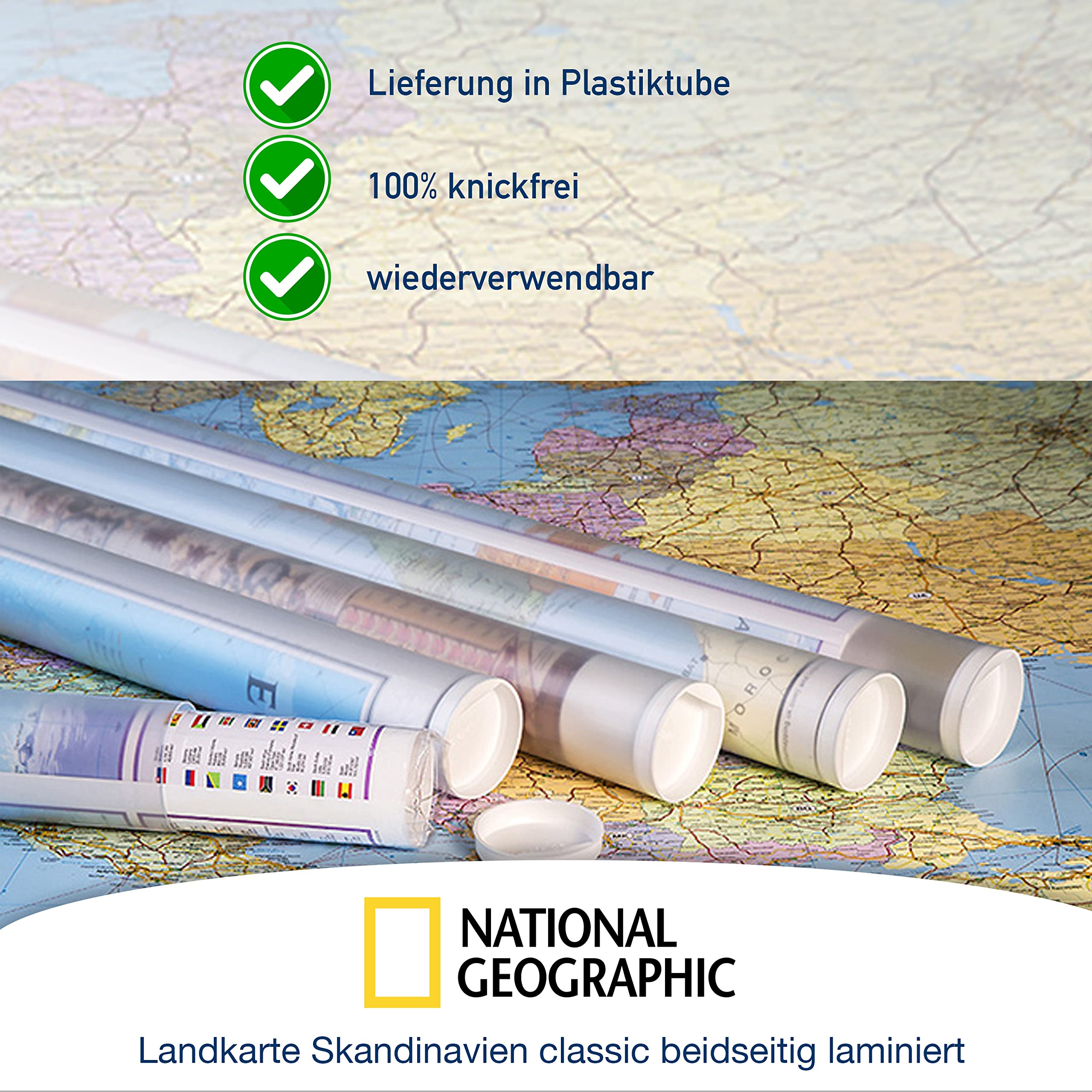ORBIT Globes & Maps - Skandinavien Landkarte, Kartenbild von National Geographic - Landkarte classic beidseitig laminiert, Aktuell 2026, 58 x 76 cm, englisch