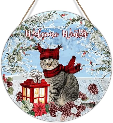 Letrero de corona de flores de Navidad con escena de nieve de invierno, decoración de madera, letrero de bienvenida de gato de Navidad, letrero de