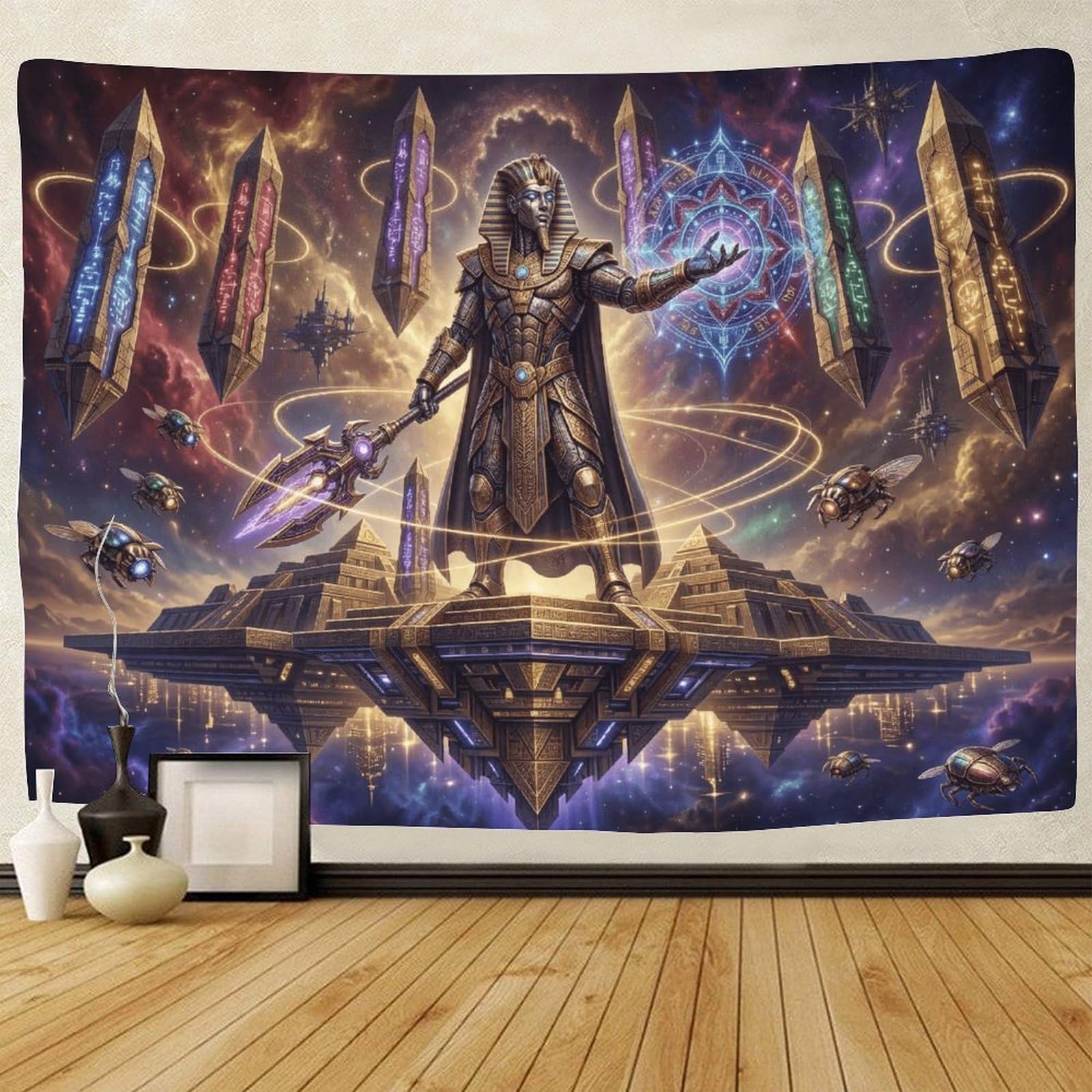 GPMNBCXZK Egyptian Pharaoh Wall Tapestry Bedroom Dorm Living Room Decor Futuristic Pyramid 3D Printed Wall Art 180cmx230cm