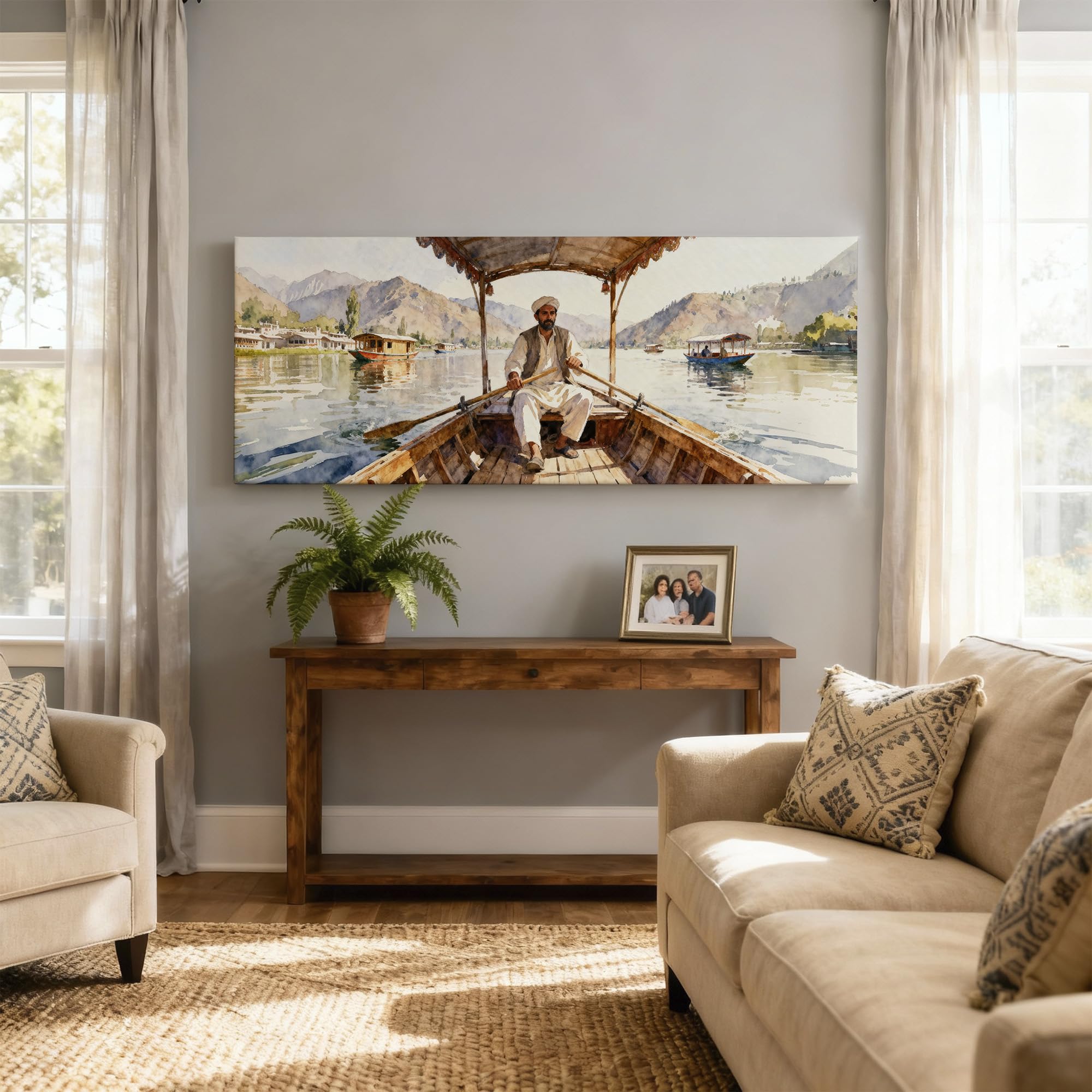 SoulAbiti Shikara Ride on Dal Lake Unframed 36x14 inches Rolled Canvas Wall Expressionism Art UV Print Painting for Living Room, Bedroom & Office Decor Premium Gloss Vivid Fade-Resistant Print 3