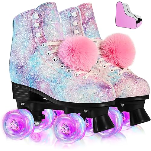 Roller Skates for Women, Men Light-Up Wheels Double-Row Rollerskates High-Top PU Leather Classic Designs Skate Shoes for Girls Beginners with a Shoes Bag Size 5 6 7 8 9 10 Indoor Outdoor